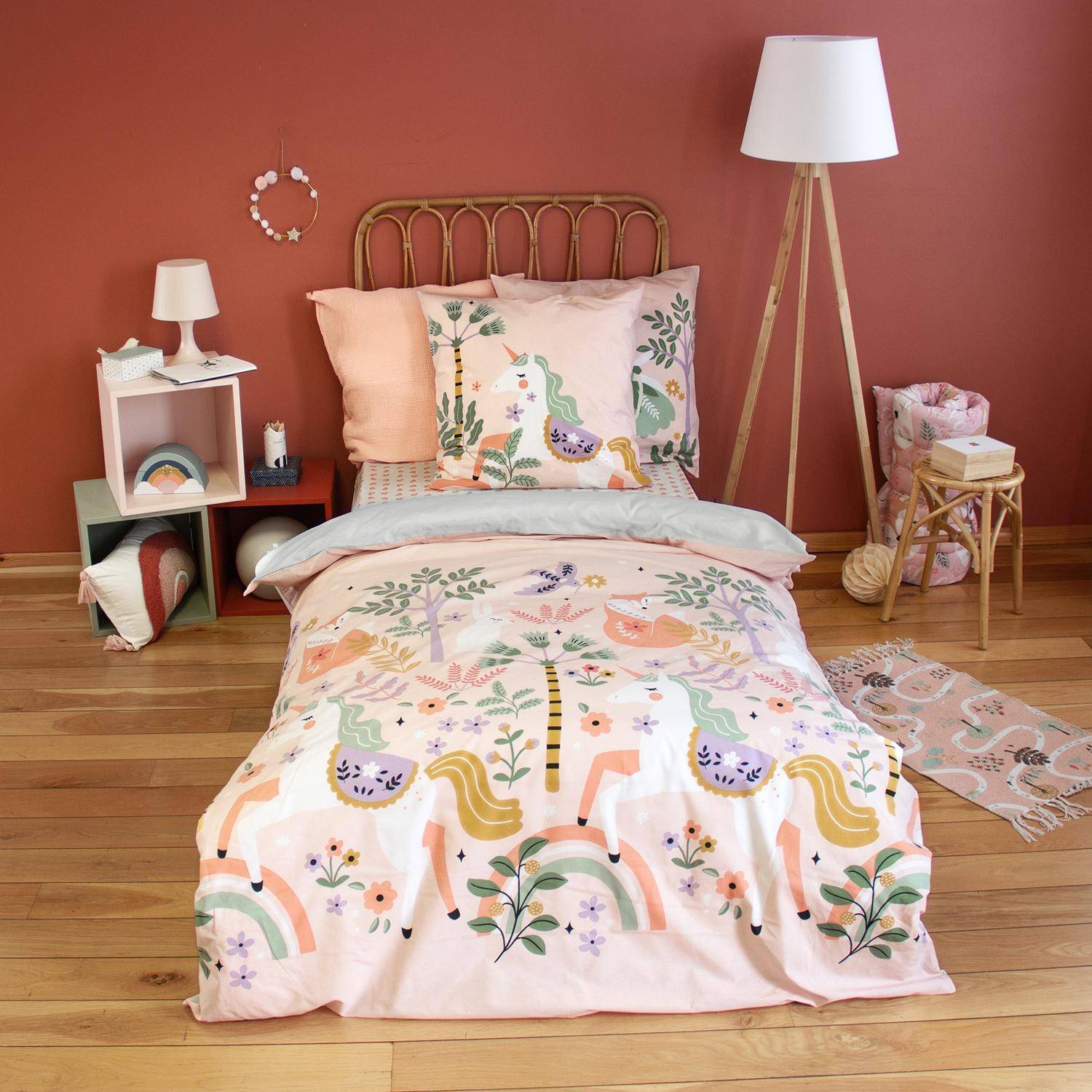 Feerie - Ropa de cama de algodón reversible estampado unicornio/bailarina, 1 plaza
