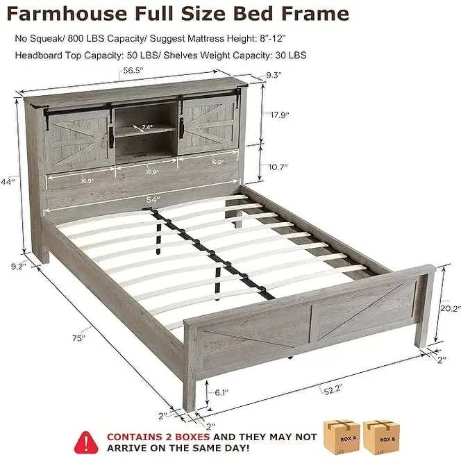Farmhouse Platform Bed with Storage Headboard Sliding Doors and Charging Station