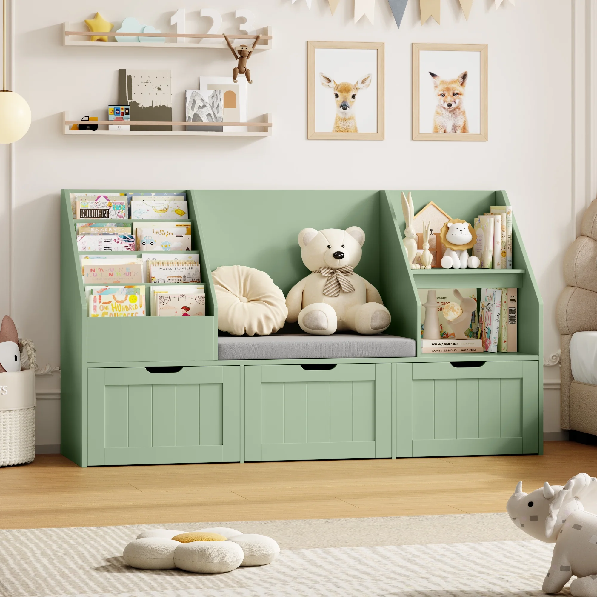 Homfa Kids Bookshelf with Reading Nook & 3 Movable Drawers, 2 Cube Bookcase with 4-Tier Book Racks, Toy Storage Organizer for Playroom Bedroom, White - Image 22