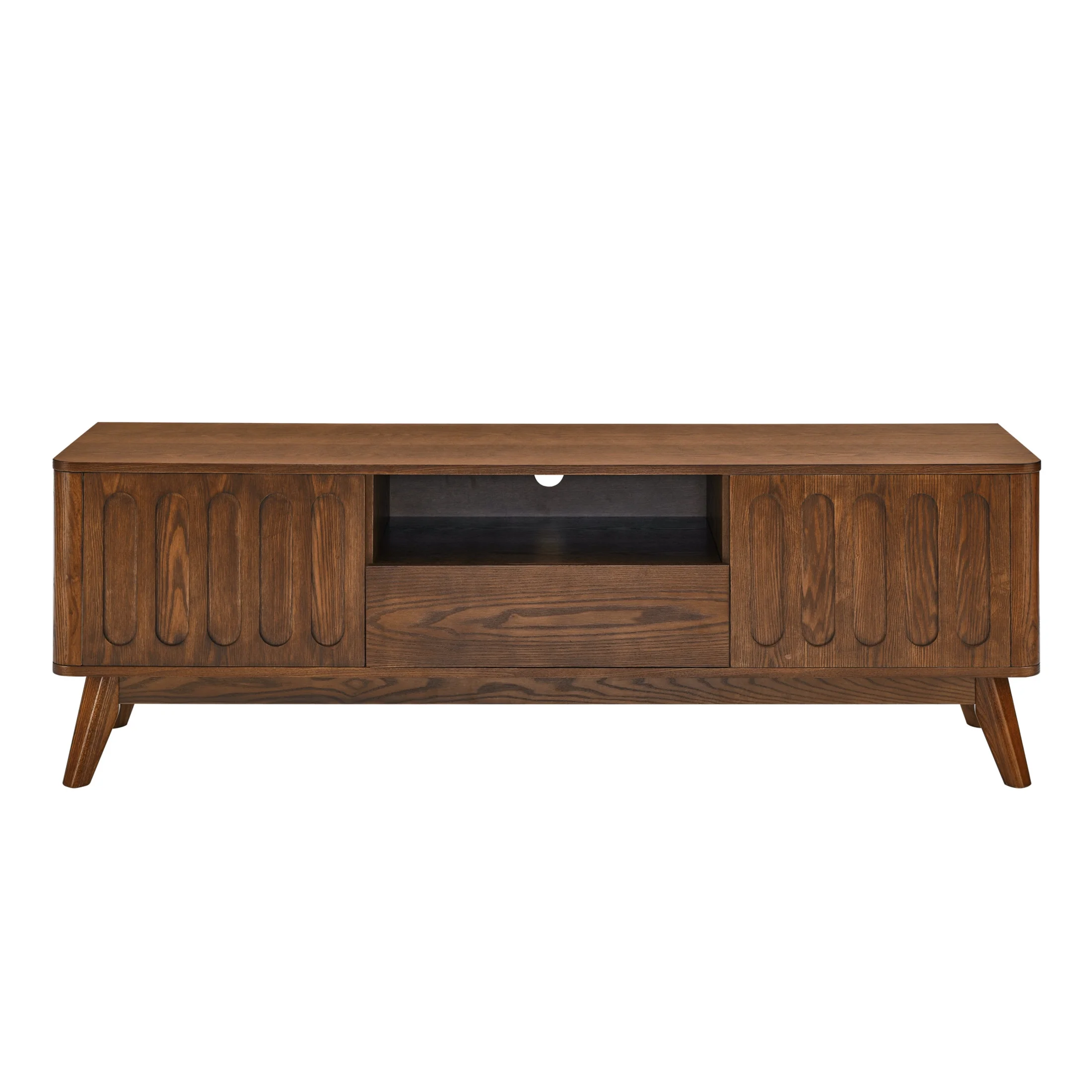 Noble House Mid-Century Modern Fluted TV Stand for 65" TV, Entertainment Console with Storage, Solid Wood Legs, Walnut - Image 4
