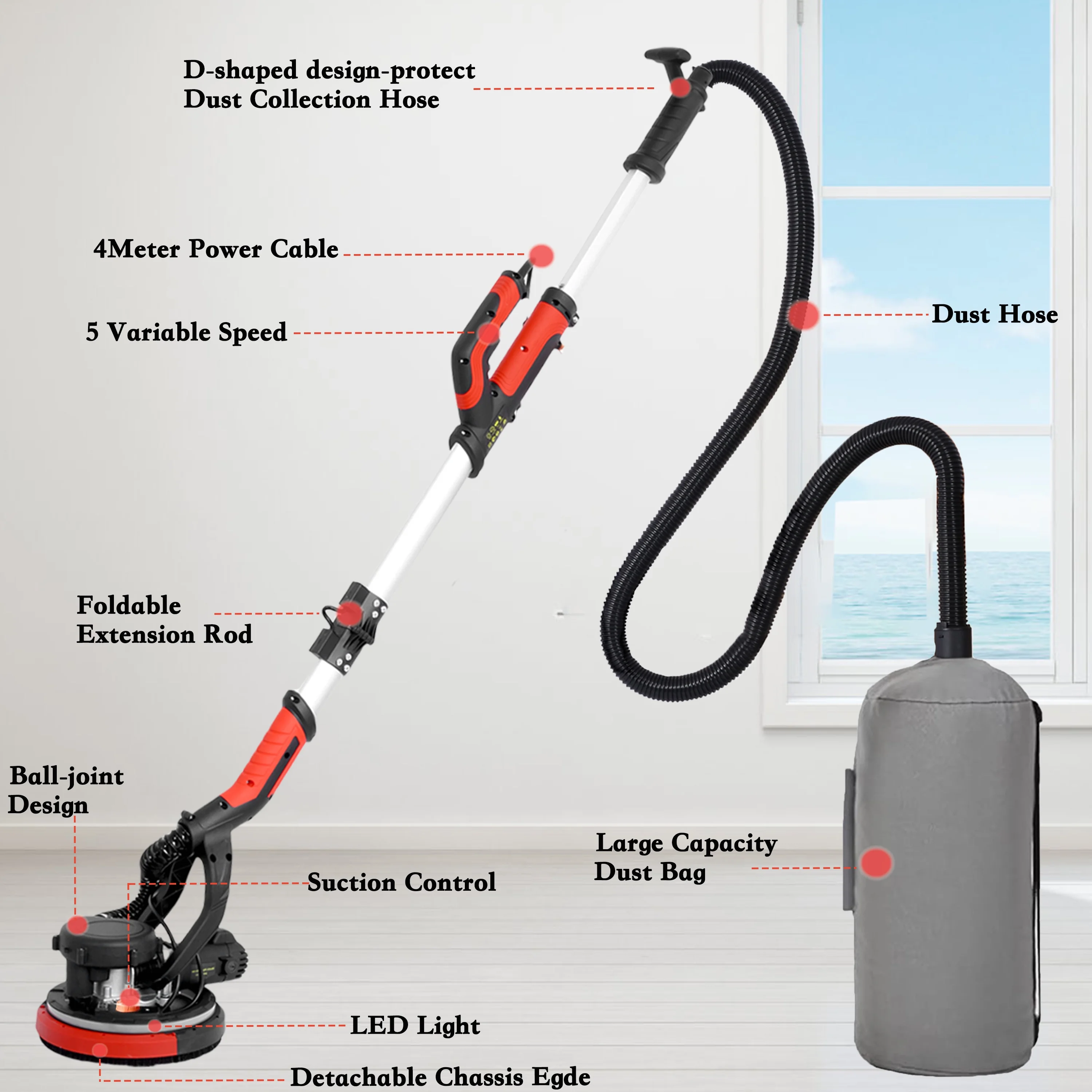 POVANLI 780W Electric Drywall Sander with Vacuum Dust Collection, 6.5A Motor Dustless Floor Sander with Variable Speed 900-1800RPM, LED Light, Extendable & Foldable Handle Yellow+Black - Image 28