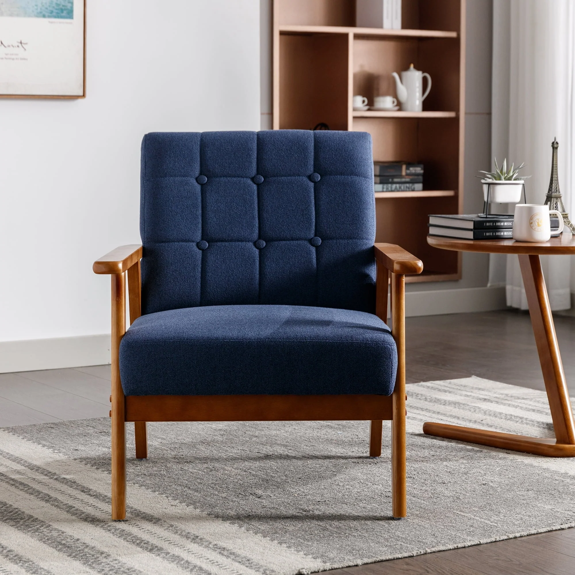 Ufurpie Mid Century Modern Armchair with Wood Frame,Linen Fabric Comfy Reading Chair,Accent Chair for Living Room Bedroom,Navy - Image 3