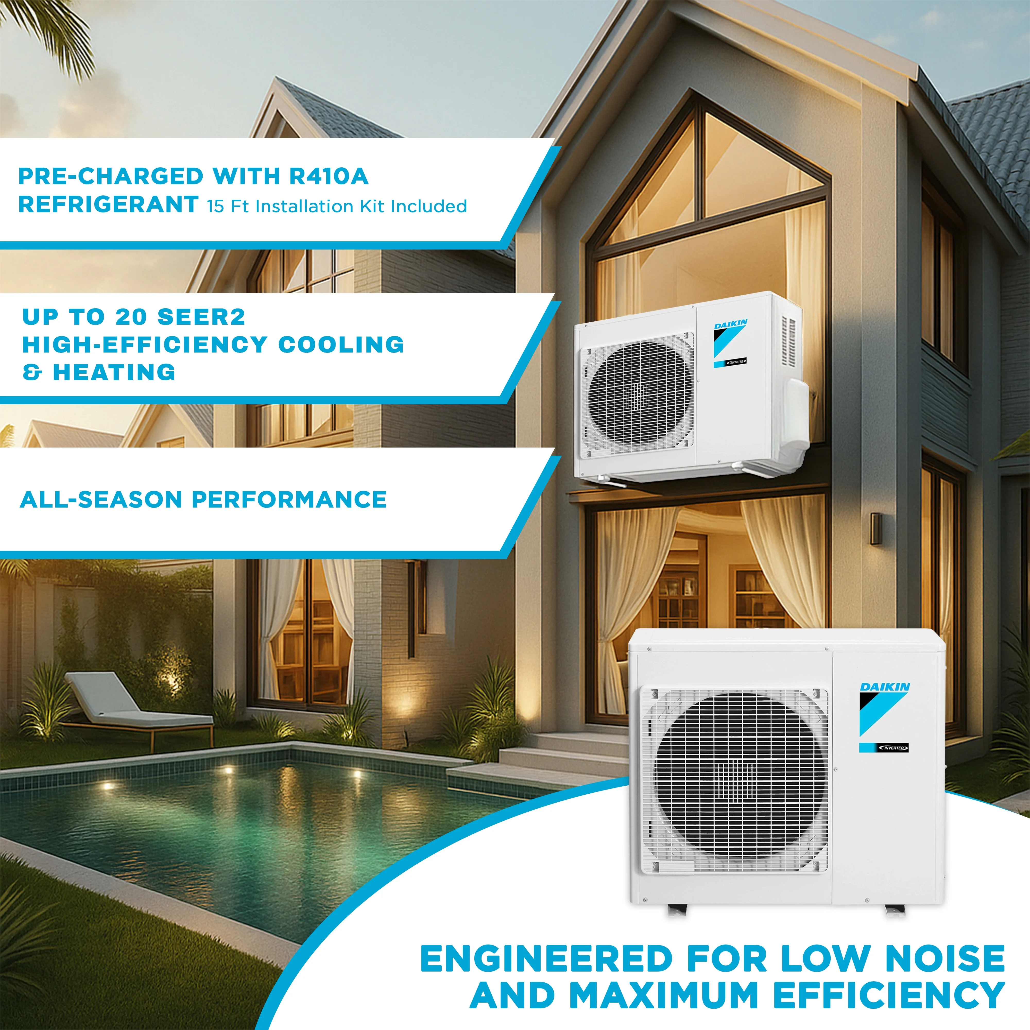 Daikin 15,000 Btu 20 SEER2 LV Series Ductless Mini-Split Wall Mount Heat Pump Air Conditioner with 15' Installation Kit, Wall Bracket, 1/2 Electric Whip, 30A Fuse -230V - Image 2