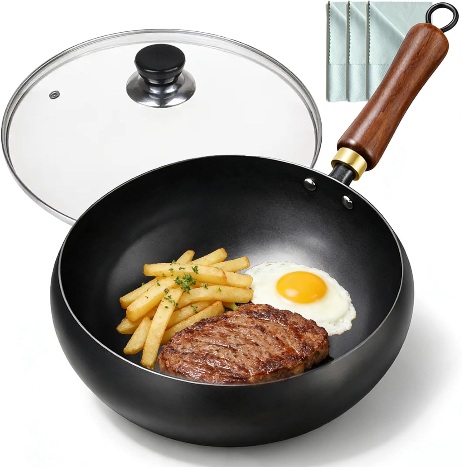 Japanese Style Cast Iron Cookware, 9.5/10.2/11in Uncoated Thick Iron Pot, Hand-Hammered Traditional Forged Big-Belly Pot with Lid, Naturally Non-Stick Frying Pan (Glass Lid, 11in)