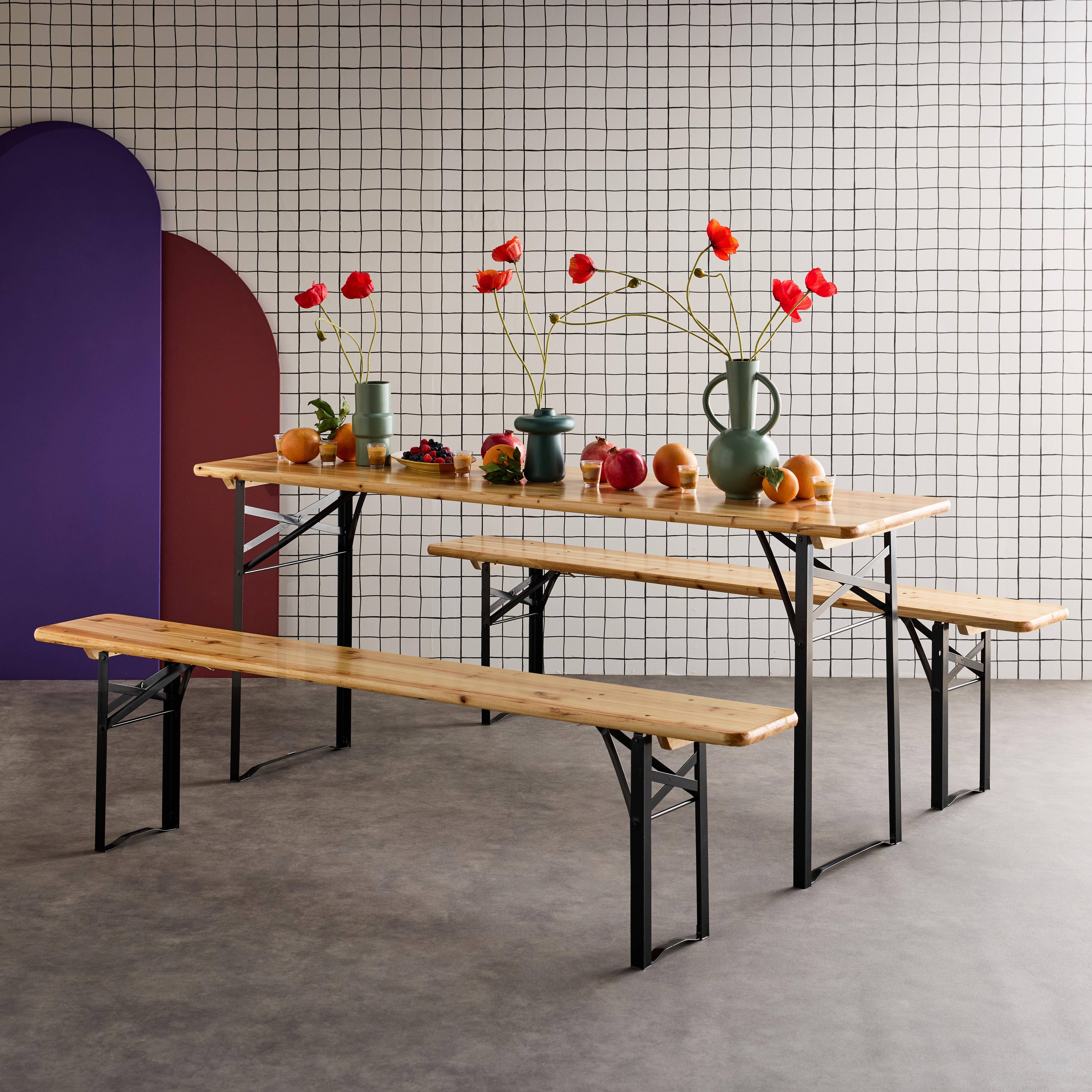 Bayonne - Mesa de madera y 2 bancos plegables para 6 personas