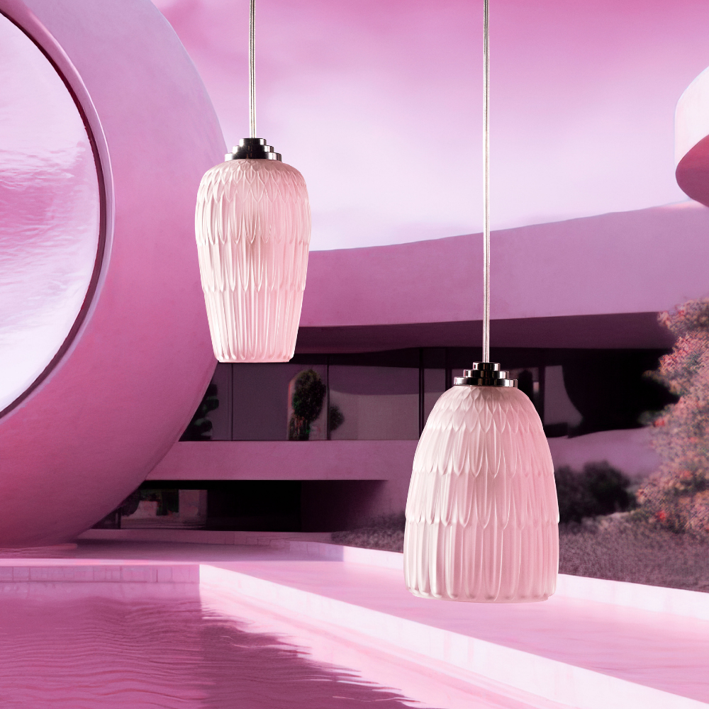 SUSPENSION PLUMES, MOYEN MODÈLE - CRISTAL LUSTRÉ ROSE, FINITION CHROME