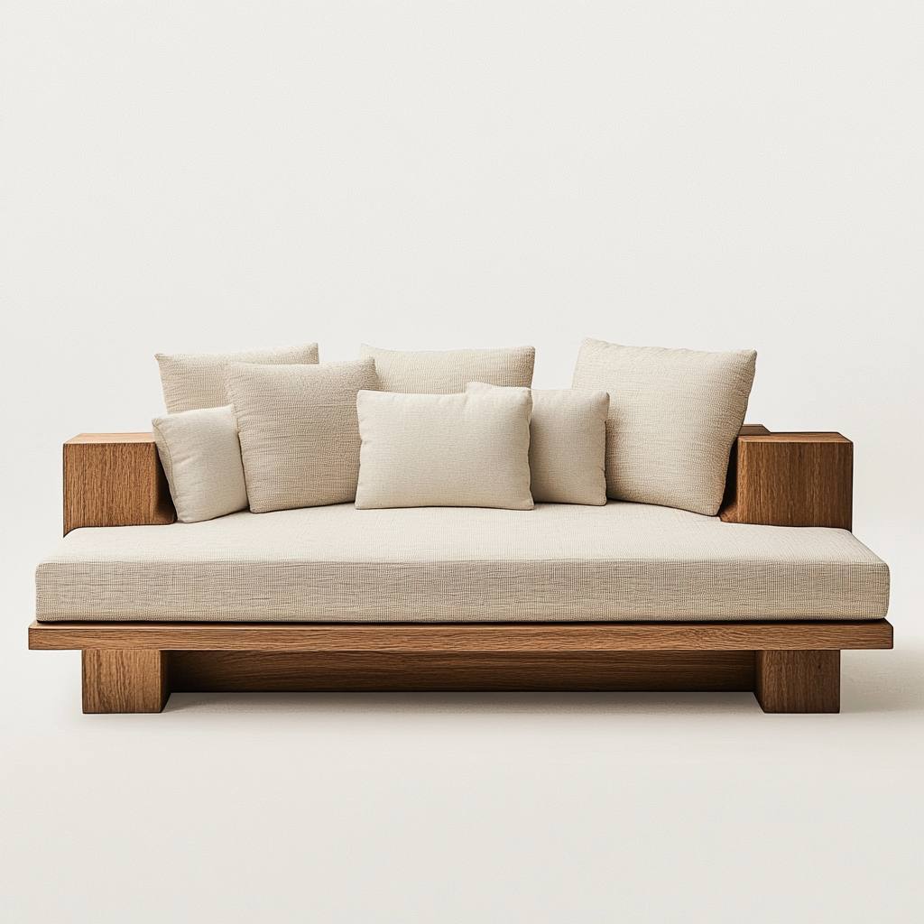Sofá de salón de madera maciza y cojines beige para 2-3 personas TL9283089