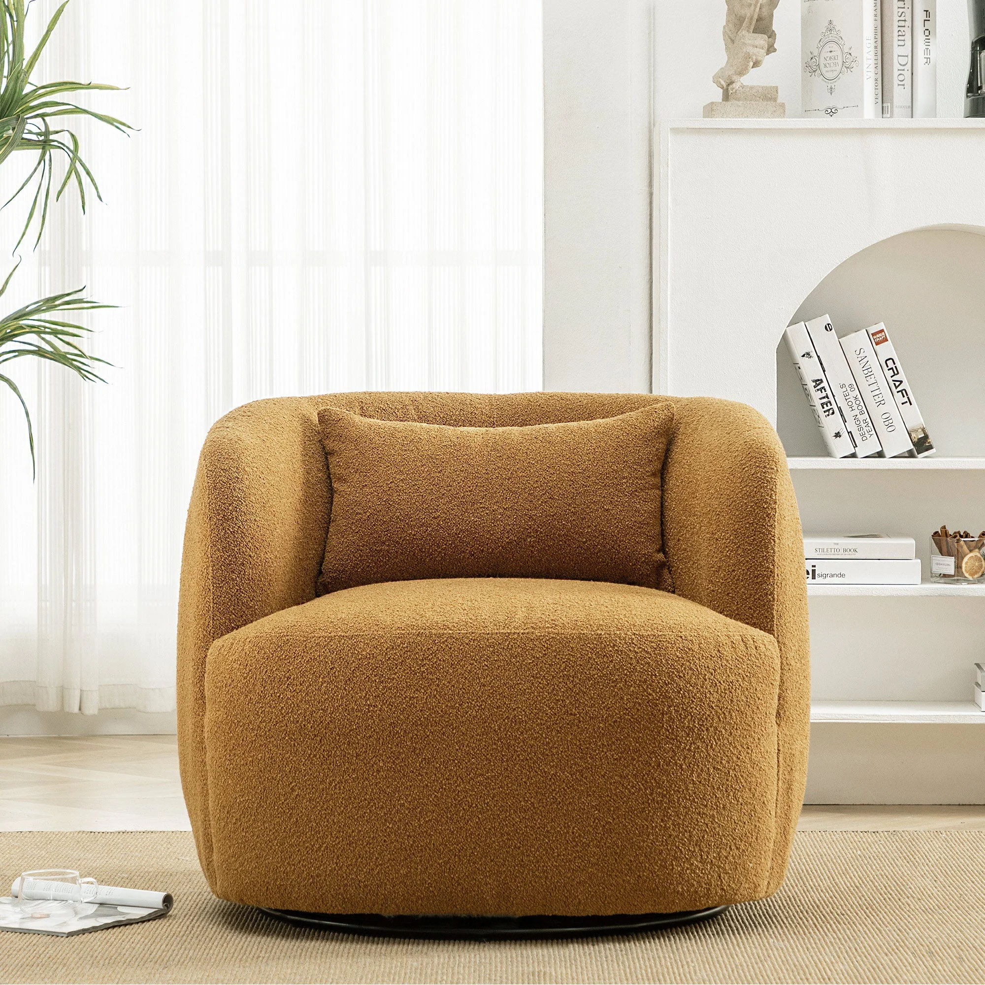 34" Wide Boucle Swivel Barrel Chair, No Assembly Round Upholstered Armchair Accent Chair Single Sofa Chair with Toss Pillow for Living Room and Bedroom, Taupe - Image 48