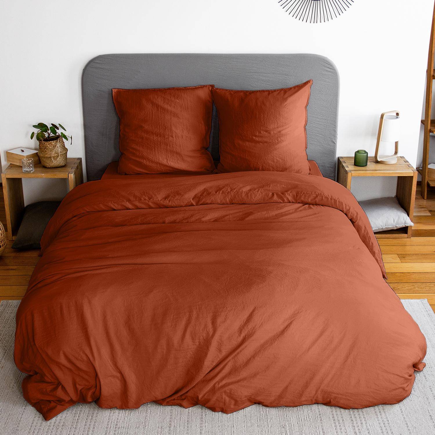 Luna - Ropa de cama de microfibra lavada color terracota, 2 plazas