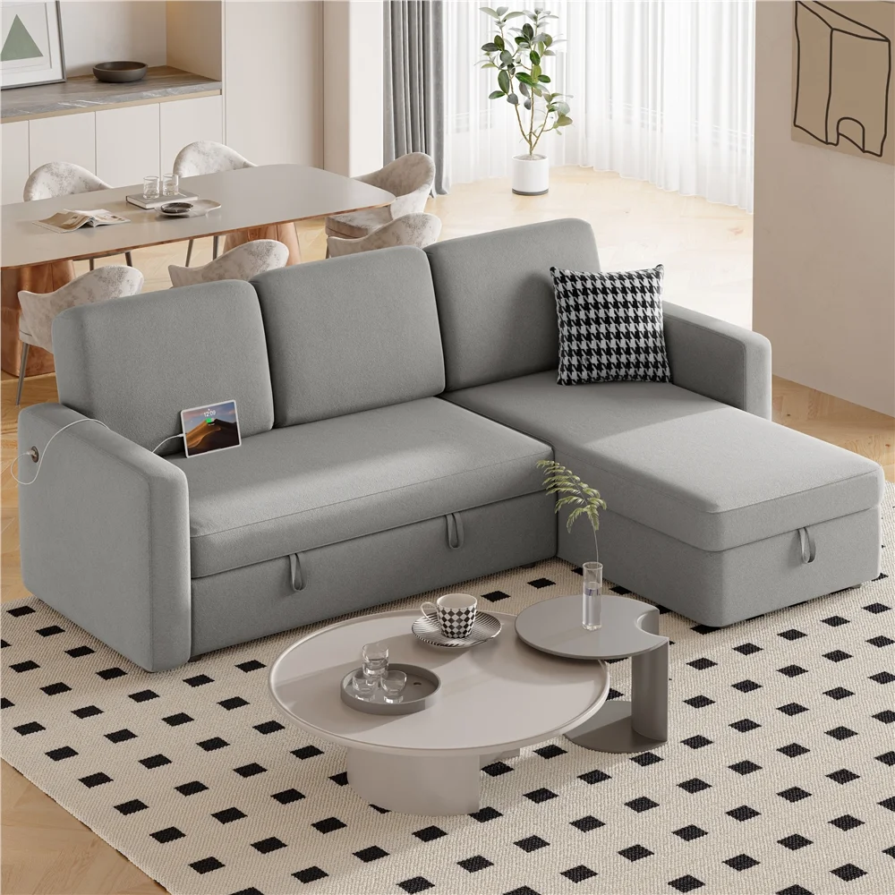 Alden Design Reversible Sectional Sofa with USB & Type-C Ports for Livingroom, Light Gray - Image 6
