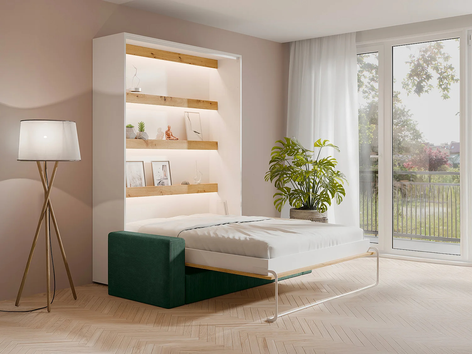 Cama abatible 140 x 200 cm - Apertura vertical manual - Con LEDs - Blanco y natural + Sofá Verde - RAPILI