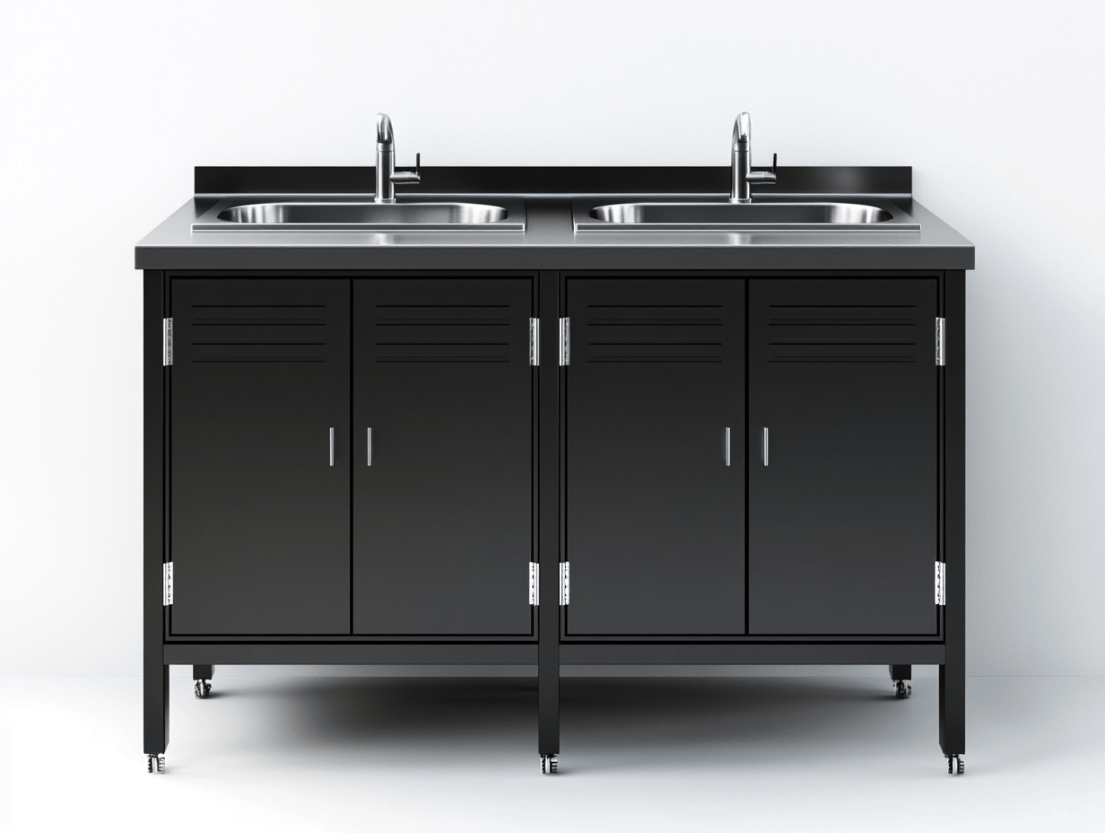 Mueble de cocina exterior – doble fregadero de acero inoxidable con armario metálico negro – diseño industrial