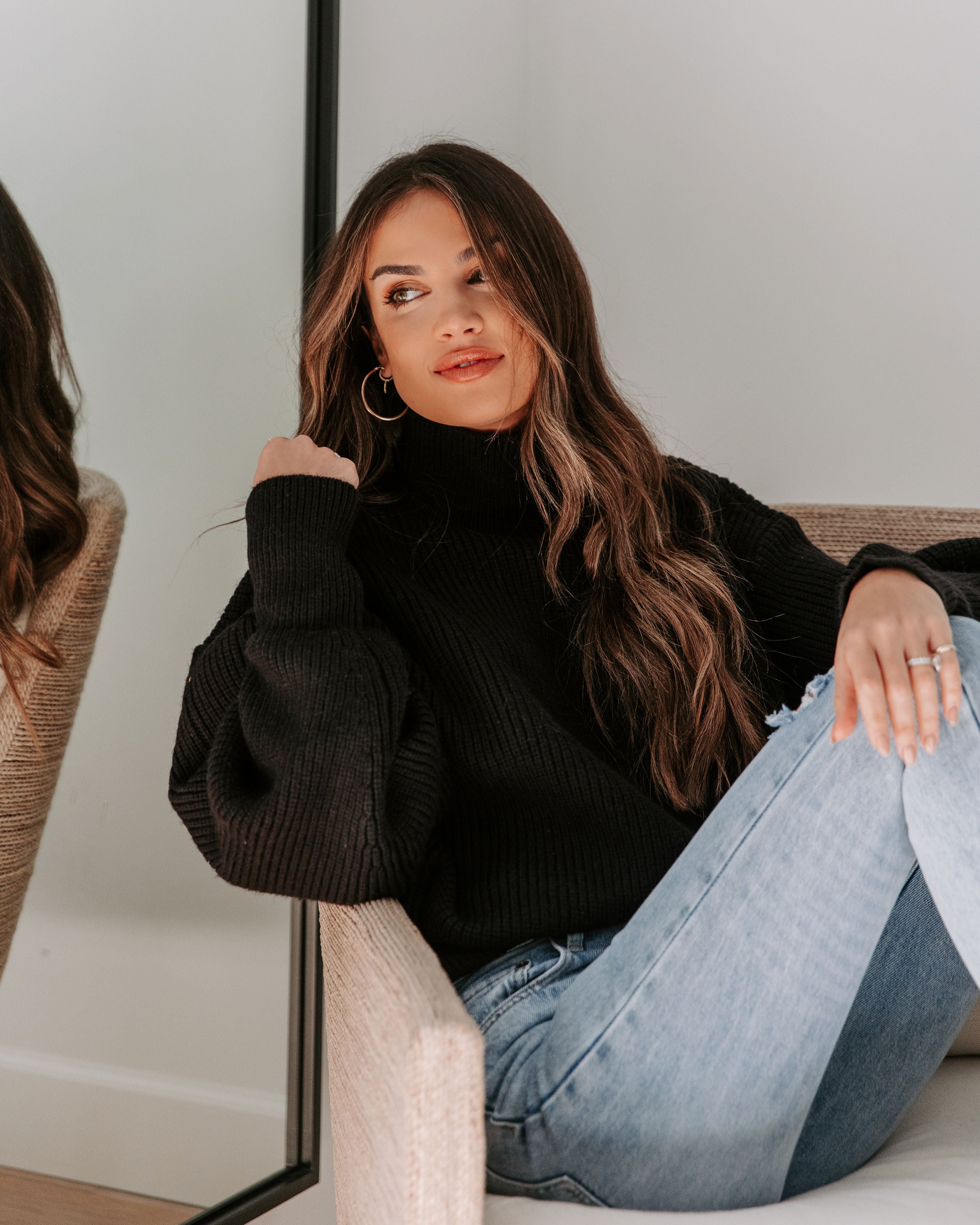 Khloe Knit Mock Neck Pullover Sweater - Black - Se7enfashion
