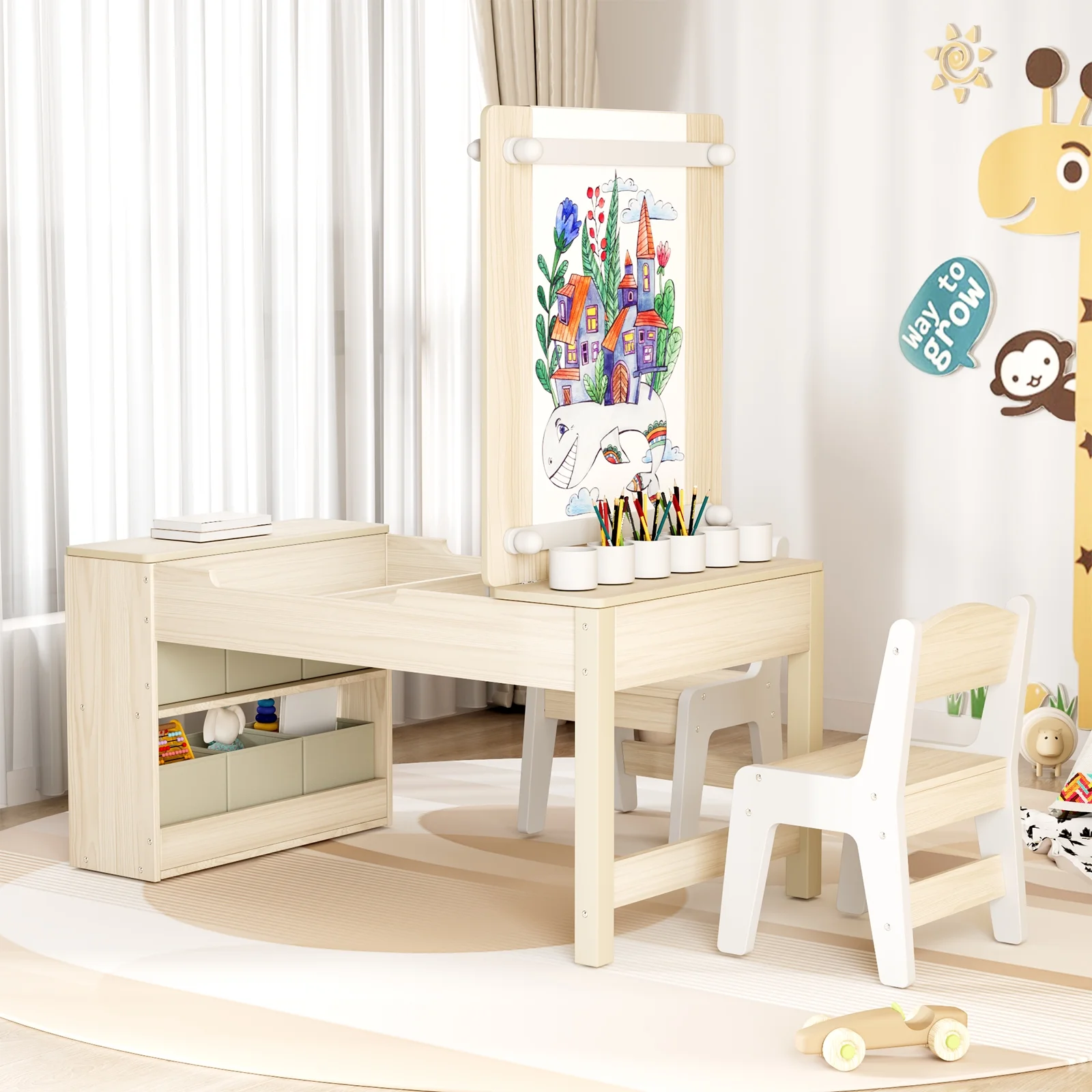 LAZY BUDDY Kids Art Table and 2 Chairs Set, 2 in 1 Easel & Toddler Craft Table and Chairs Set with Storage Bins, Paint Cups and Paper Roll, Activity Table Set for Children 3+ - Image 14