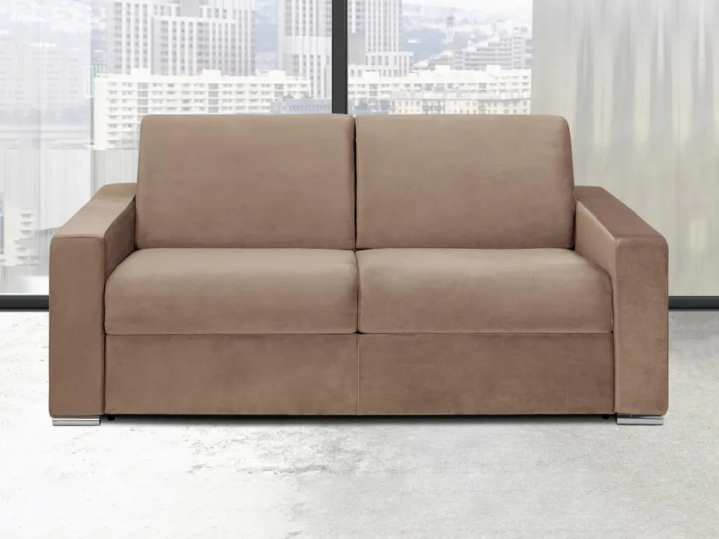 Sofá-cama de 3 plazas con apertura exprés de terciopelo Jmmhogar - Beige - Cama de 140 cm - Colchón de 14 cm