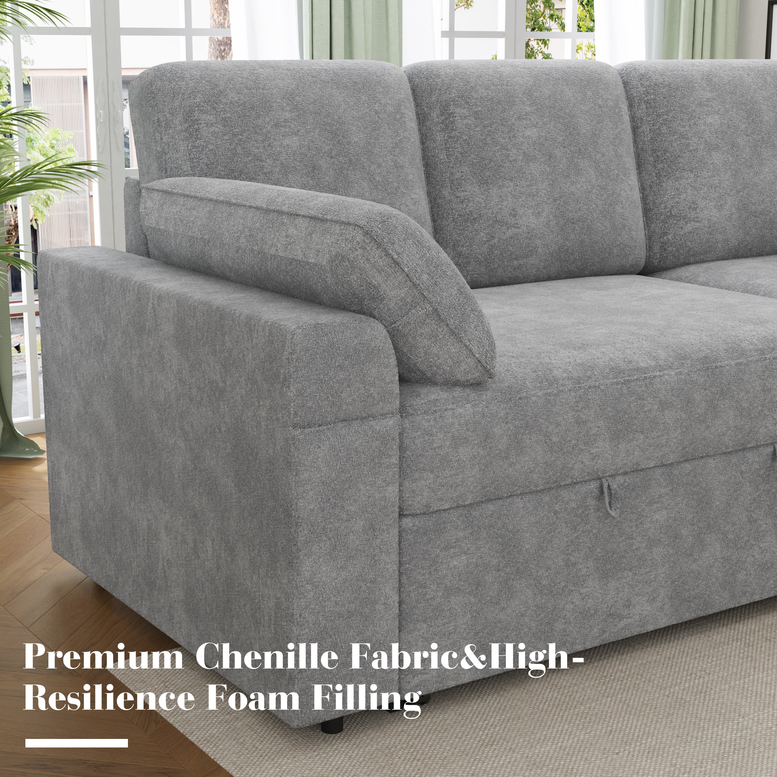 VANACC Sofa Bed, Adult Sleeper Sofa with Storage Chaise, Pull Out Couch for Bed Room, Gray Chenille - Image 9