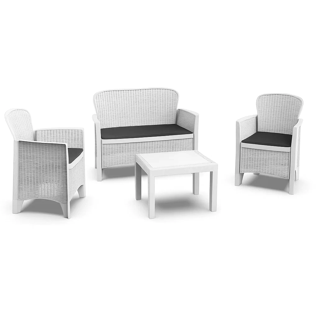 Conjunto de jardín de resina trenzada: 1 sofá de 2 plazas, 2 sillones y 1 mesa,Blanco con cojines negros - ZtmaOuO221PS