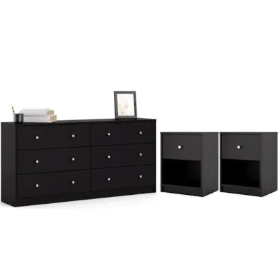 Pemberly Row 3PC Engineered Wood Dresser and Nightstands Bedroom Set in Black