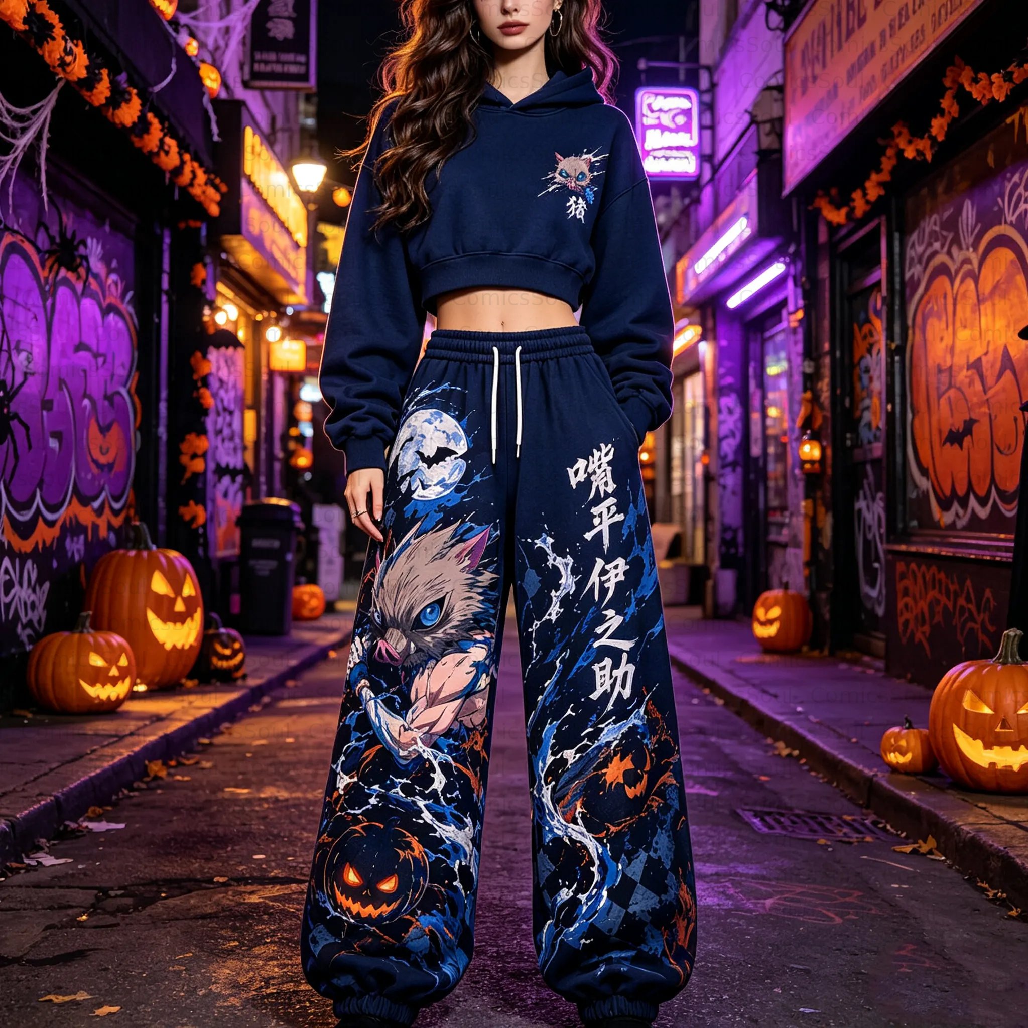 Demon Slayer Cropped Long Sleeve Hoodie & High Waist Jogger Pants Two Piece TeeThreads Sustain the Scene with Custom Apparel