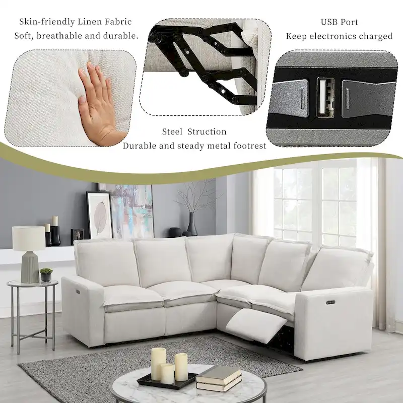 Linen Upholstered Power Recliner L-Shaped Sectional Sofa with USB Port - Soft Home Theater Seating for Living Room