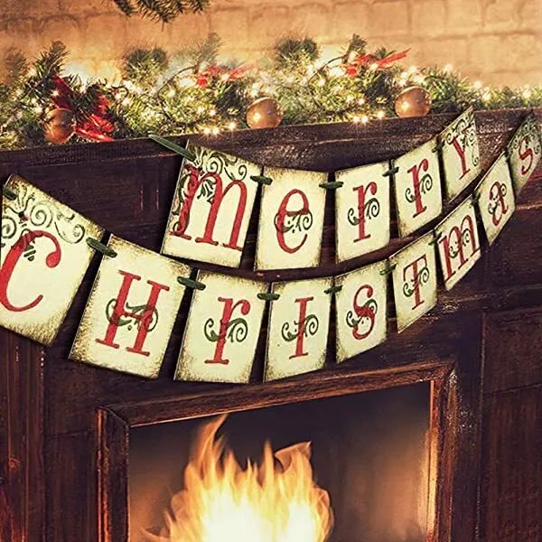 WAYFAIR Christmas-Cherry Merry Christmas Banner Vintage Xmas Decorations Indoor For Home Office Party Fireplace Mantle