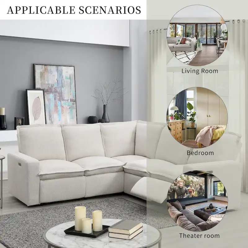 Linen Upholstered Power Recliner L-Shaped Sectional Sofa with USB Port - Soft Home Theater Seating for Living Room