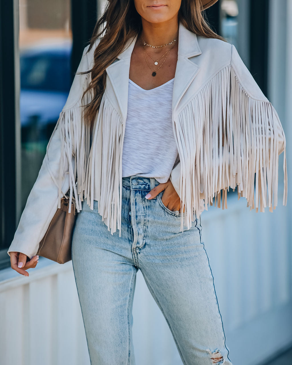 Walford Cropped Fringe Faux Suede Jacket - Sand - Se7enfashion