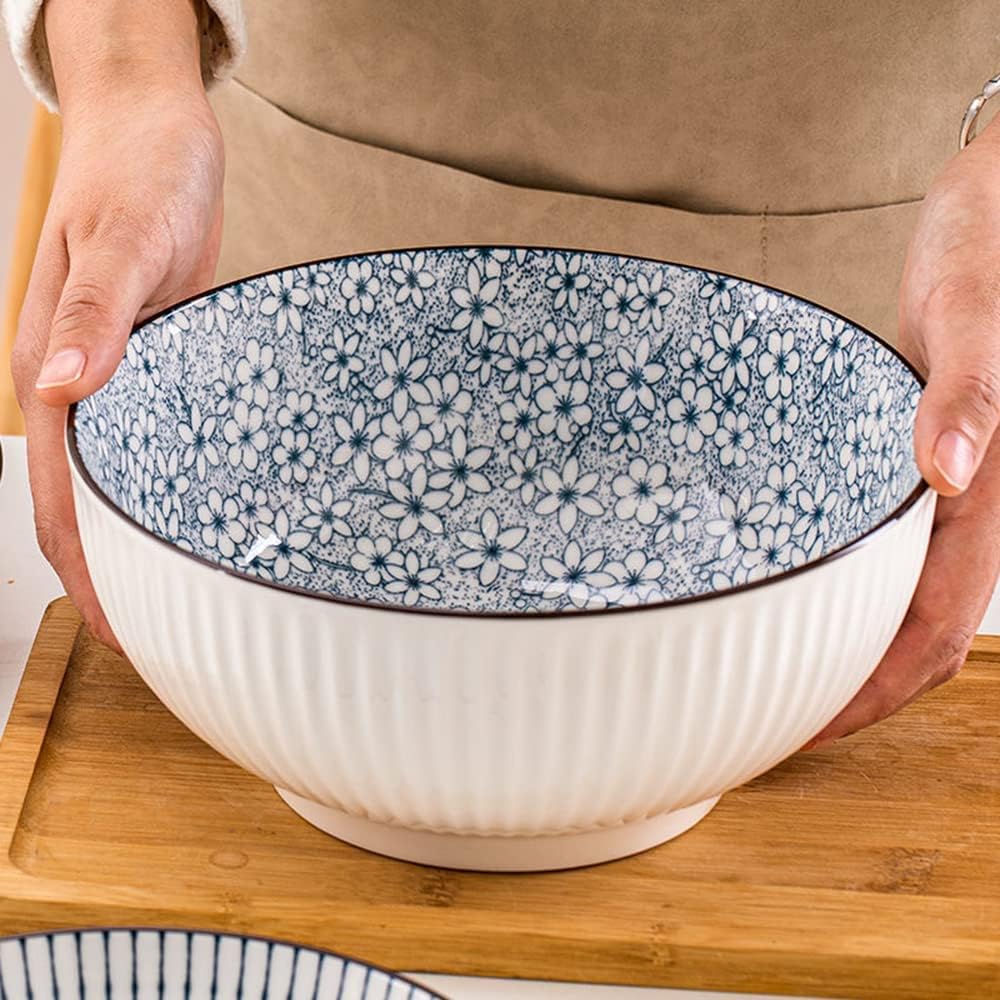 Houlu 60 oz Pho Bowls, Large Soup Bowl, Japanese Ramen Bowl Set, 8 inches Big Porcelain Bowls Set of 3, Wave Pattern