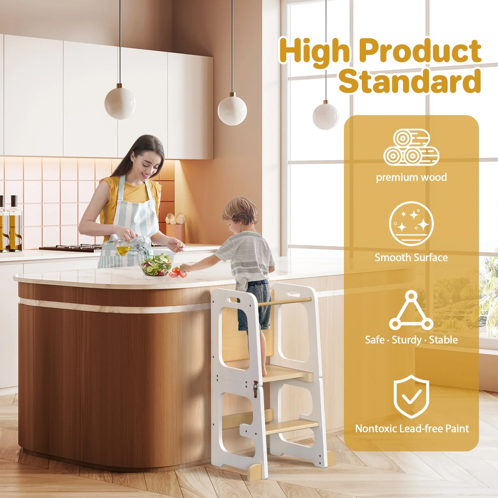 JOZ Kitchen Toddlers Step Stool, Montessori Kids Learning Stool, Foldable Toddler Tower for Counter, Standing Helper for Children, 3 Adjustable Heights, Wooden, White - Image 23