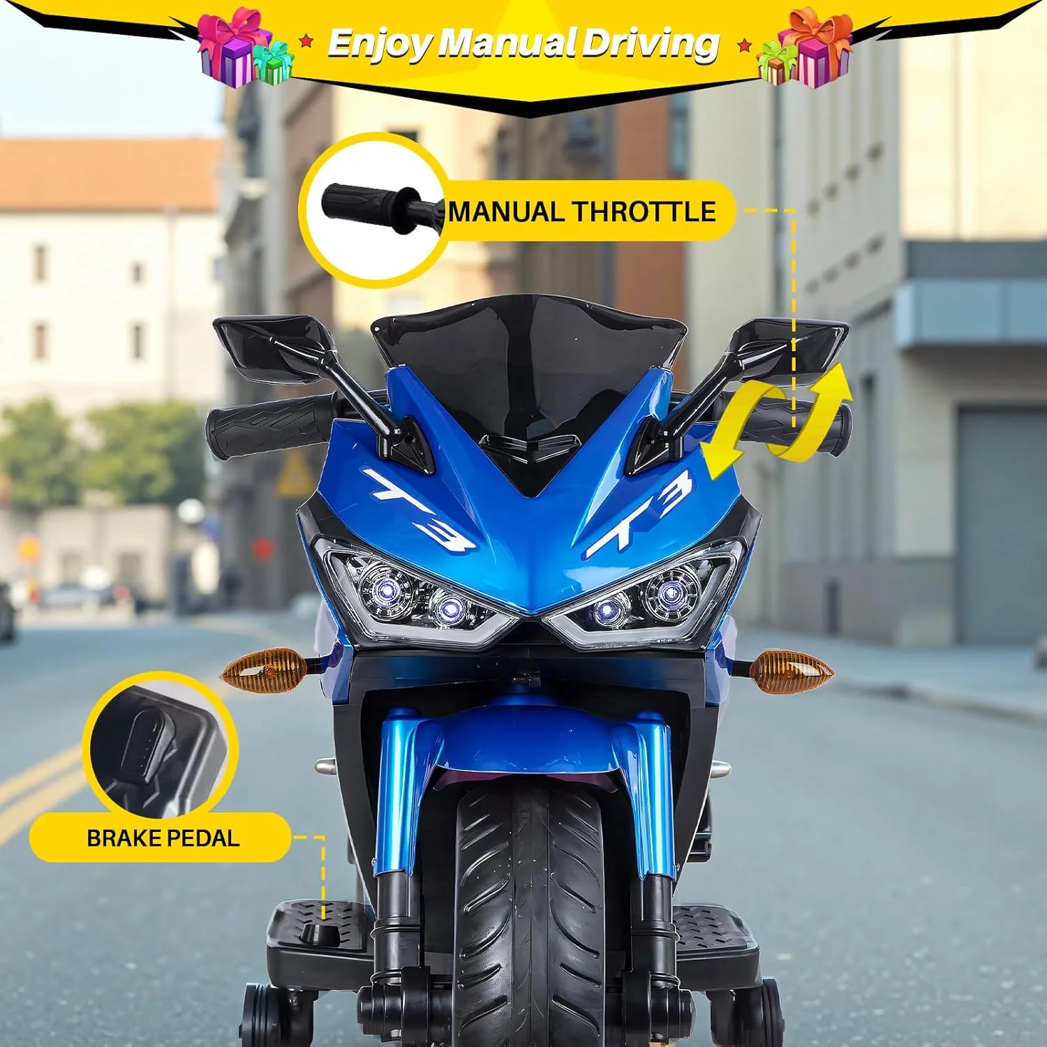 2 Seats Electric Dirt Bike Motorcycle for Kid 3-8, 12V Kids Motorcycle with Manual Throttle, Lighting Wheels, Music Function, Max Load 99LB (Blue) - Image 10