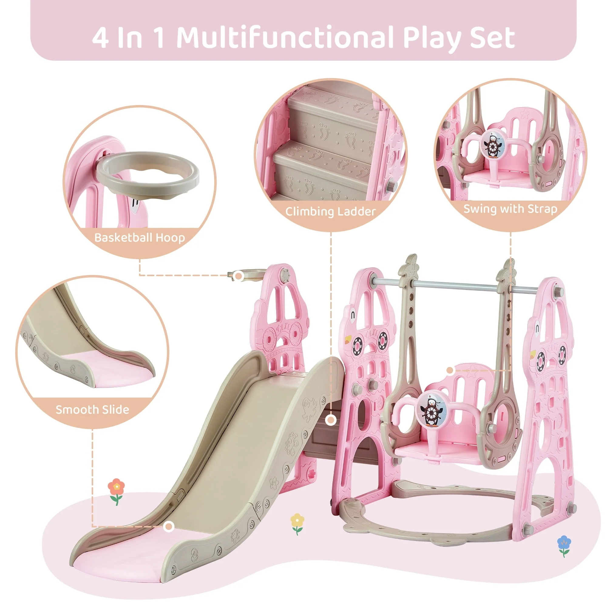 DUKE BABY 4-in-1 Kids Swing and Slide Set for Toddler Age 1-6, Extra Large Baby Indoor Outdoor Activity Playground with Basketball Hoop and Climber – Pink - Image 3