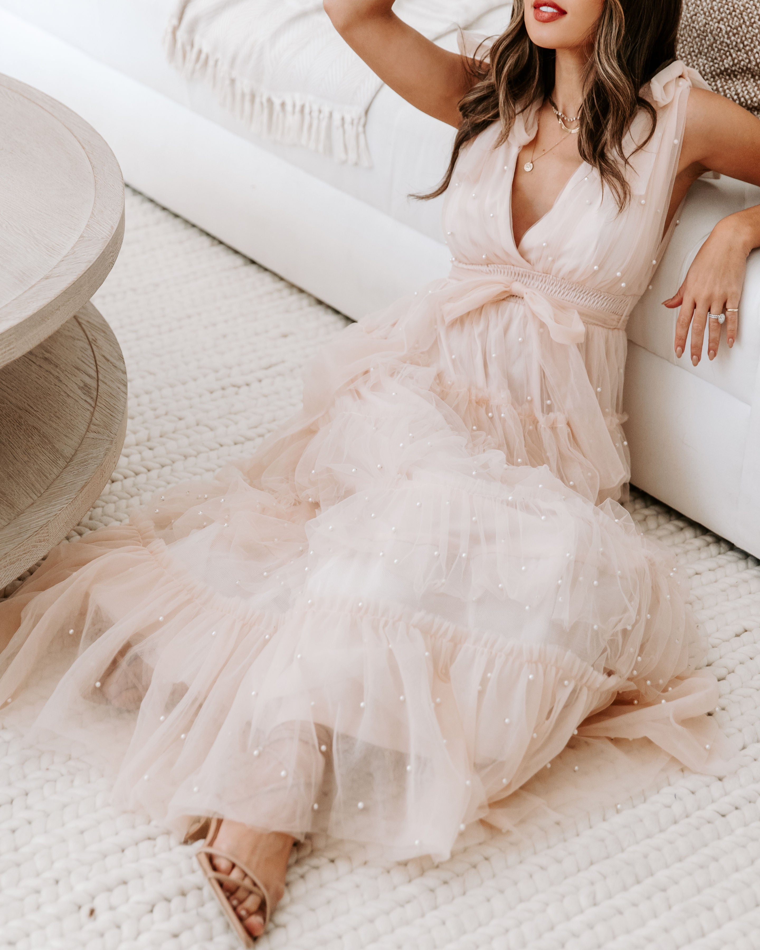 Under The Eiffel Tower Tulle Pearl Tiered Maxi Dress - Blush - Se7enfashion