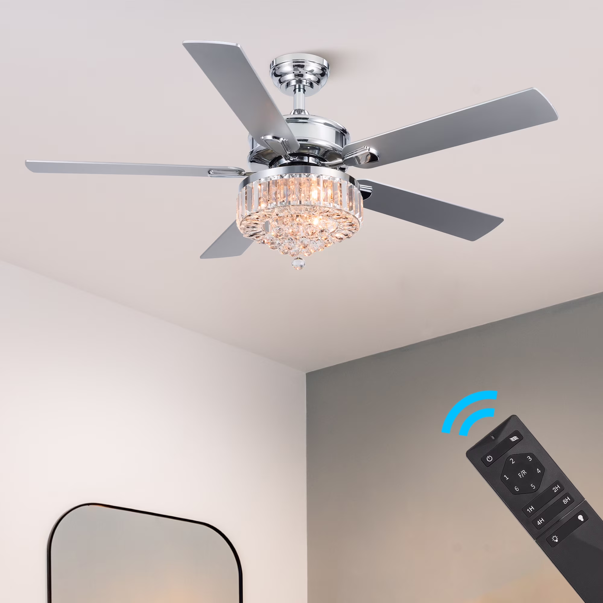 Bestco 52" Chandelier Crystal Ceiling Fan with Light 6 Speeds 5 Dual Sided Blades Chrome