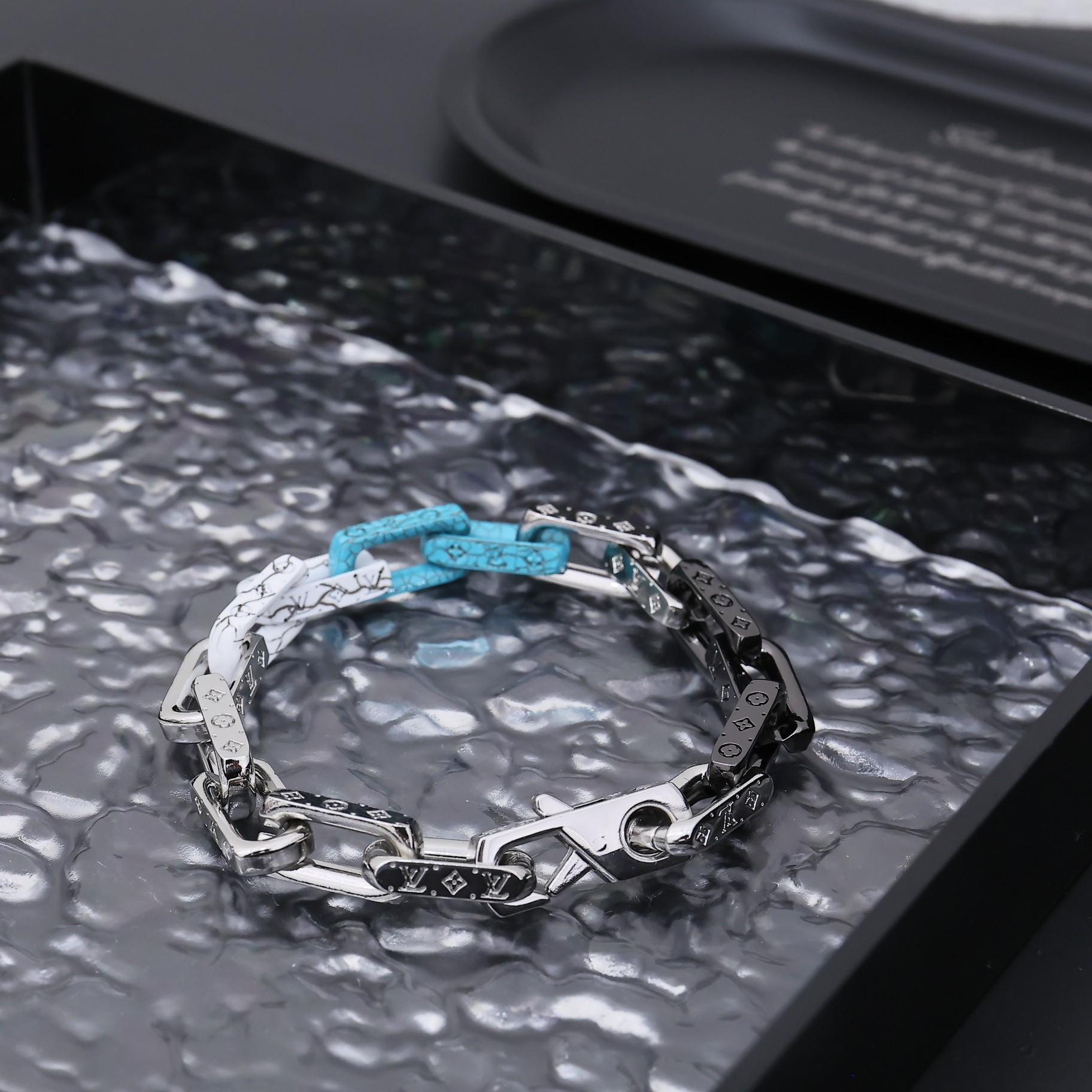 Louis Vuitton Silver Blue Black Colors Monogram Mens Bracelet - Original Replica Club
