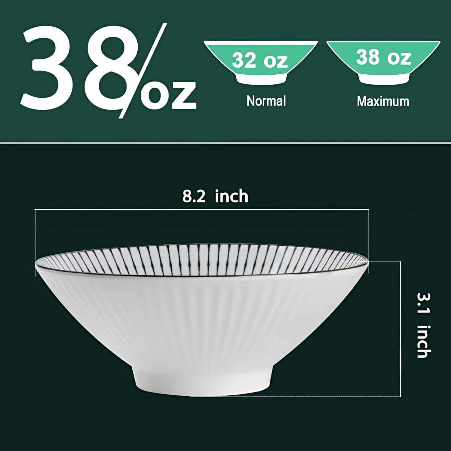 QINLANG 38 oz Japanese Ramen Bowls, Ceramic Set of 4 for Cereal, Soup, Pho, Noodles - Blue and White, 8 Inches