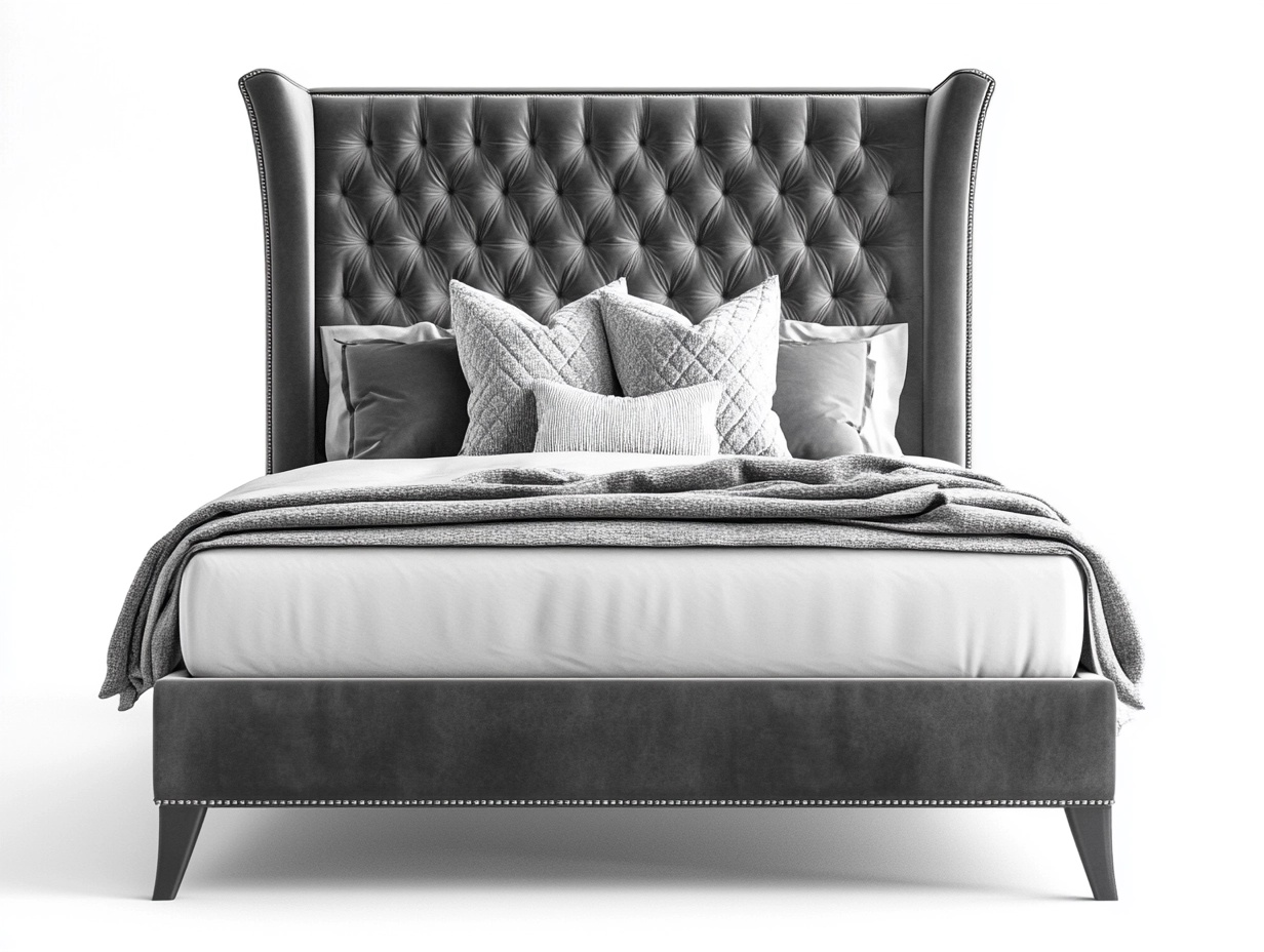 Cama tapizada en terciopelo gris oscuro – estilo clásico con cabecero capitoné