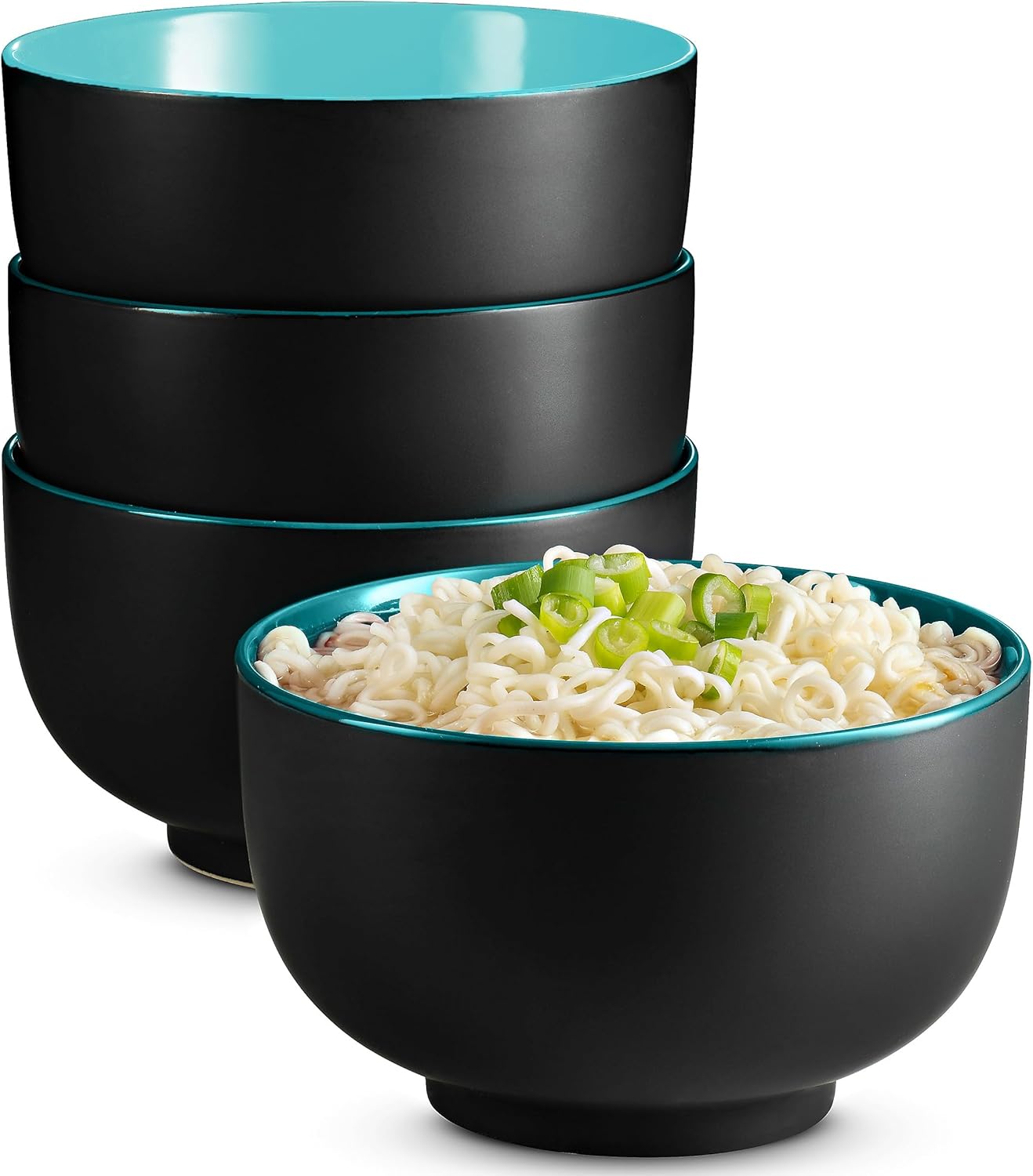 KooK Ramen Bowl, Japanese Bowls, Noodle Bowls, Large Soup Bowl, Ceramic, Large Capacity, For Ramen, Pho, Udon, Soba, Microwave and Dishwasher Safe, 34 oz, Set of 4 (Black/Red)