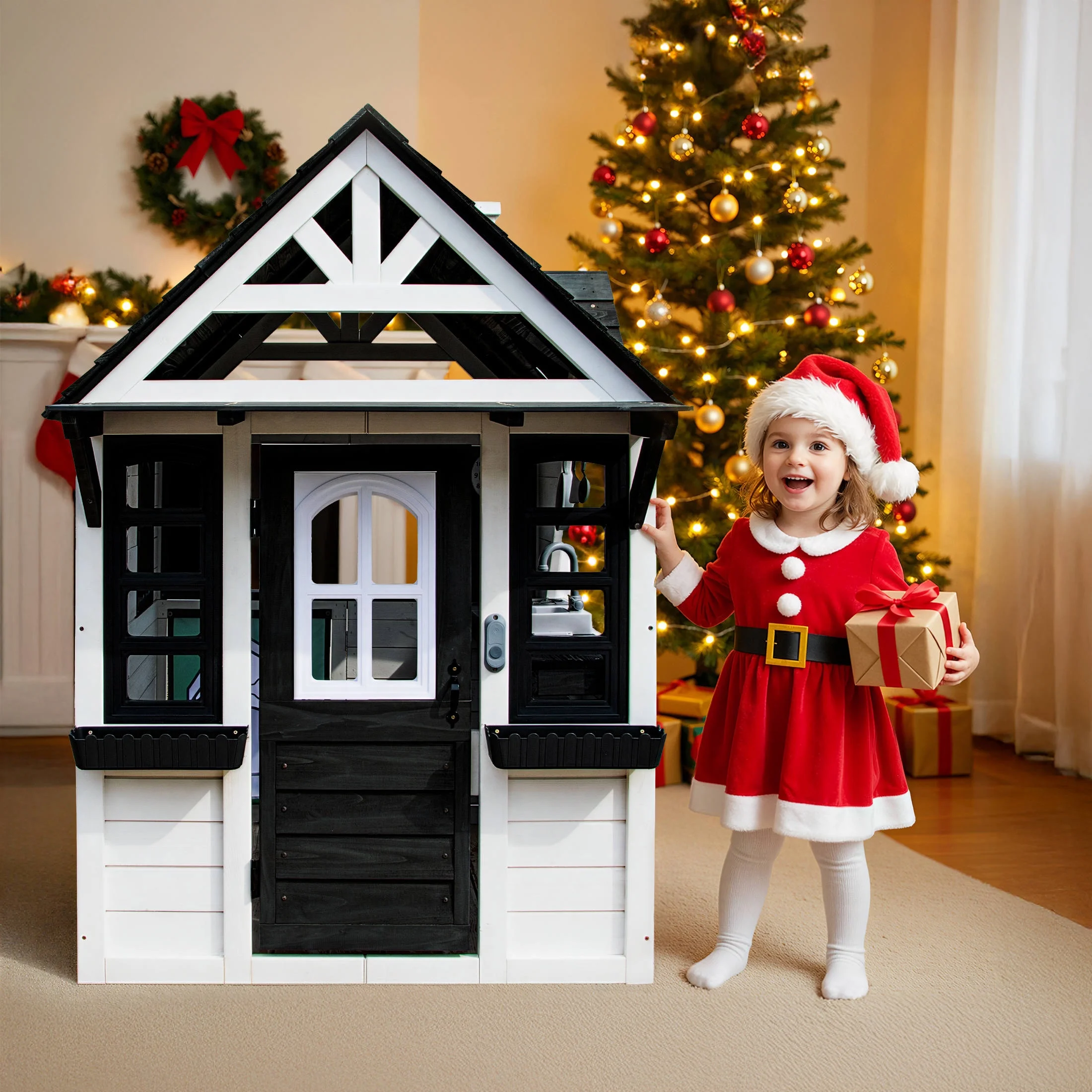 COCLUB Outdoor Playhouse for Kids Ages 4-8, Wooden Play House with Doorbell, Phone, Kitchen Toys, Outdoor Kids Play Equipment, Casa Para Ni?as (45-L x 65-H), White & Black - Image 12