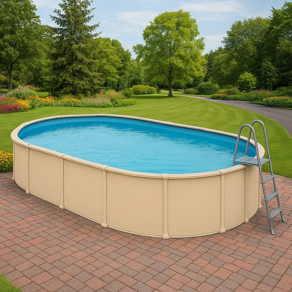 Piscina tubular ovalada desmontable con estructura de acero 472x286x104 cm beige/azul  FSzfTLg143dX