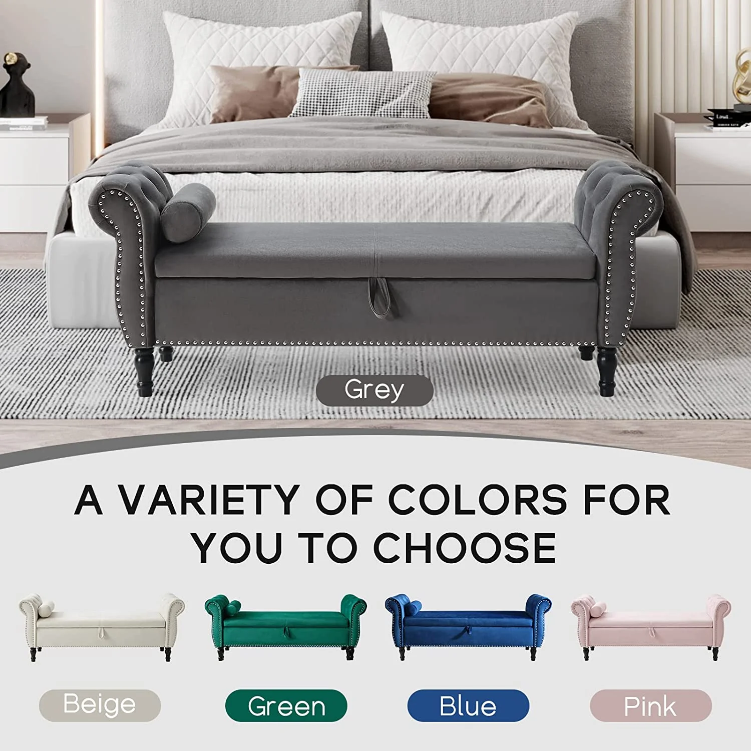 Sumdeal 43.5" Storage Ottoman Bench with 250lb Seating, Linen Upholstered Wood Legs Safety Hinge Flip Top Oval Foot Rest Long Stool for Sofa Couch Bedroom End of Bed Living Room Entryway, White - Image 97