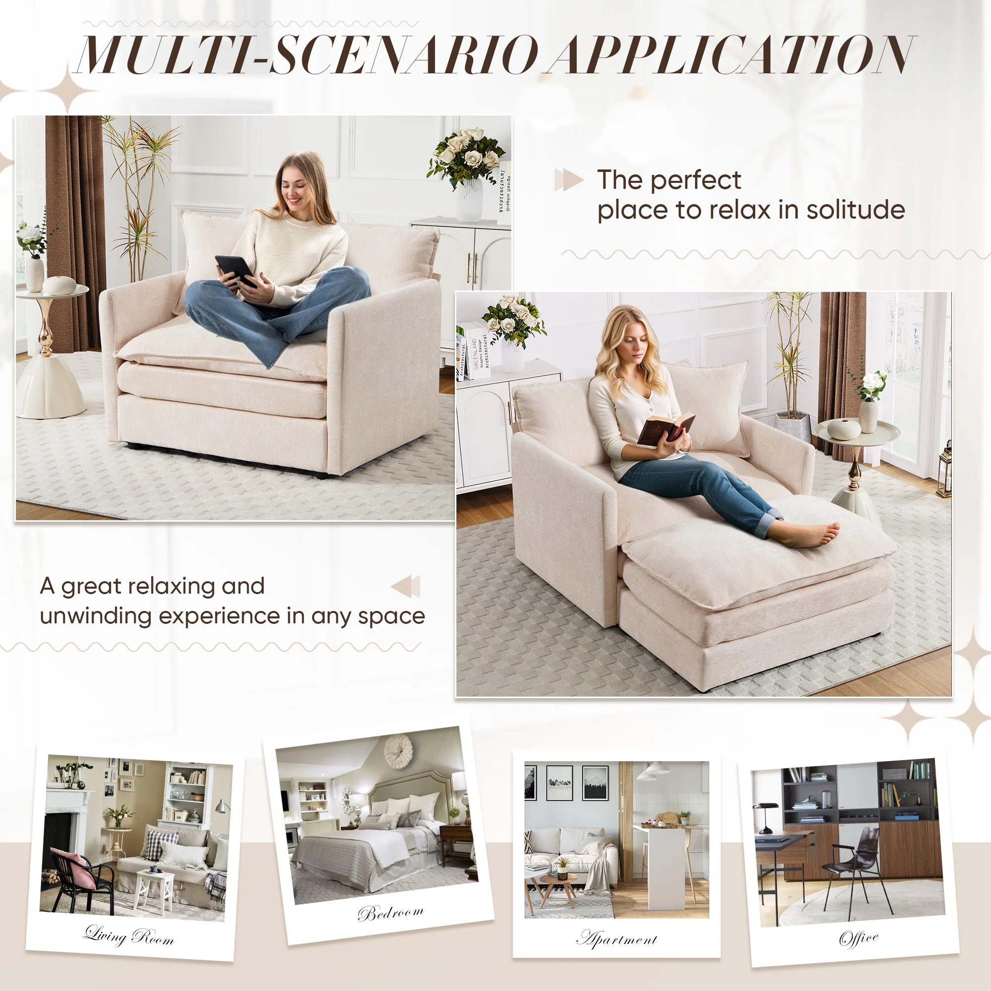 Muumblus Oversized Lounge Chair with Ottoman, Cloud Accent Armchair for Living Room, Beige Chenille - Image 11