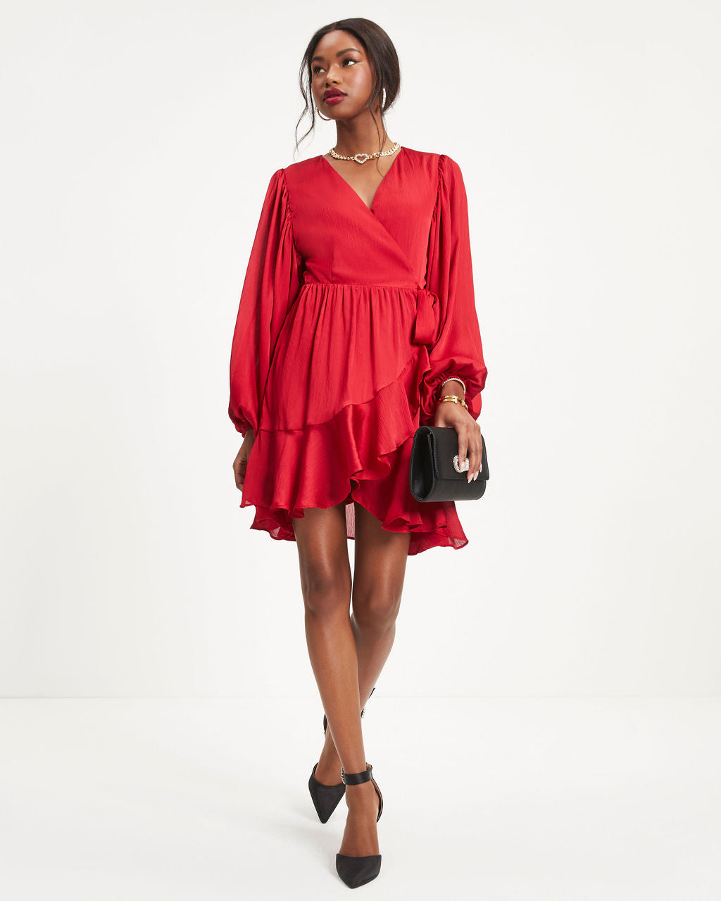 Whitney Satin Wrap Ruffle Mini Dress - Red - Se7enfashion