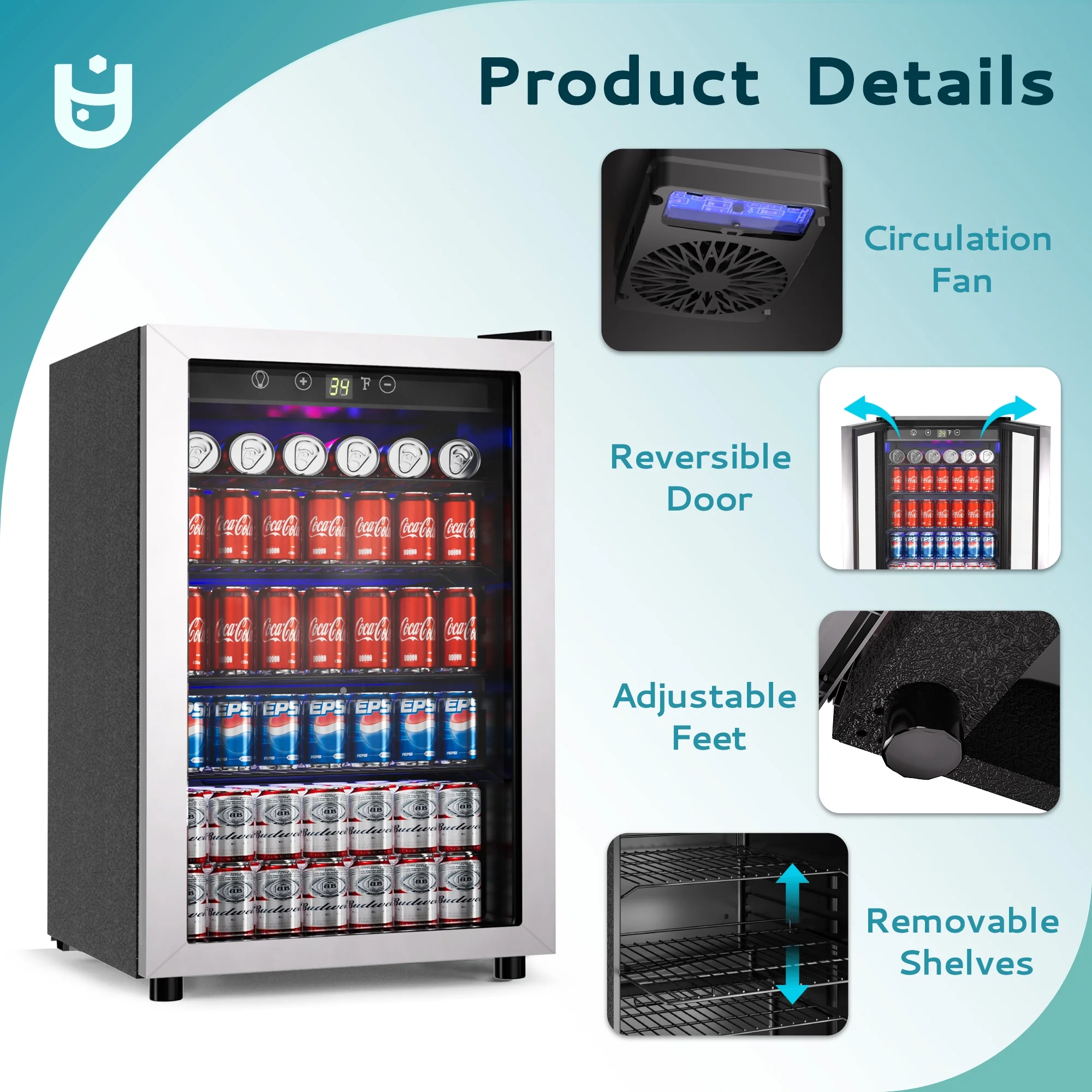 EUHOMY 145 Can Beverage Refrigerator and Mine Cooler with Glass Door with Adjustable Shelves - Image 4