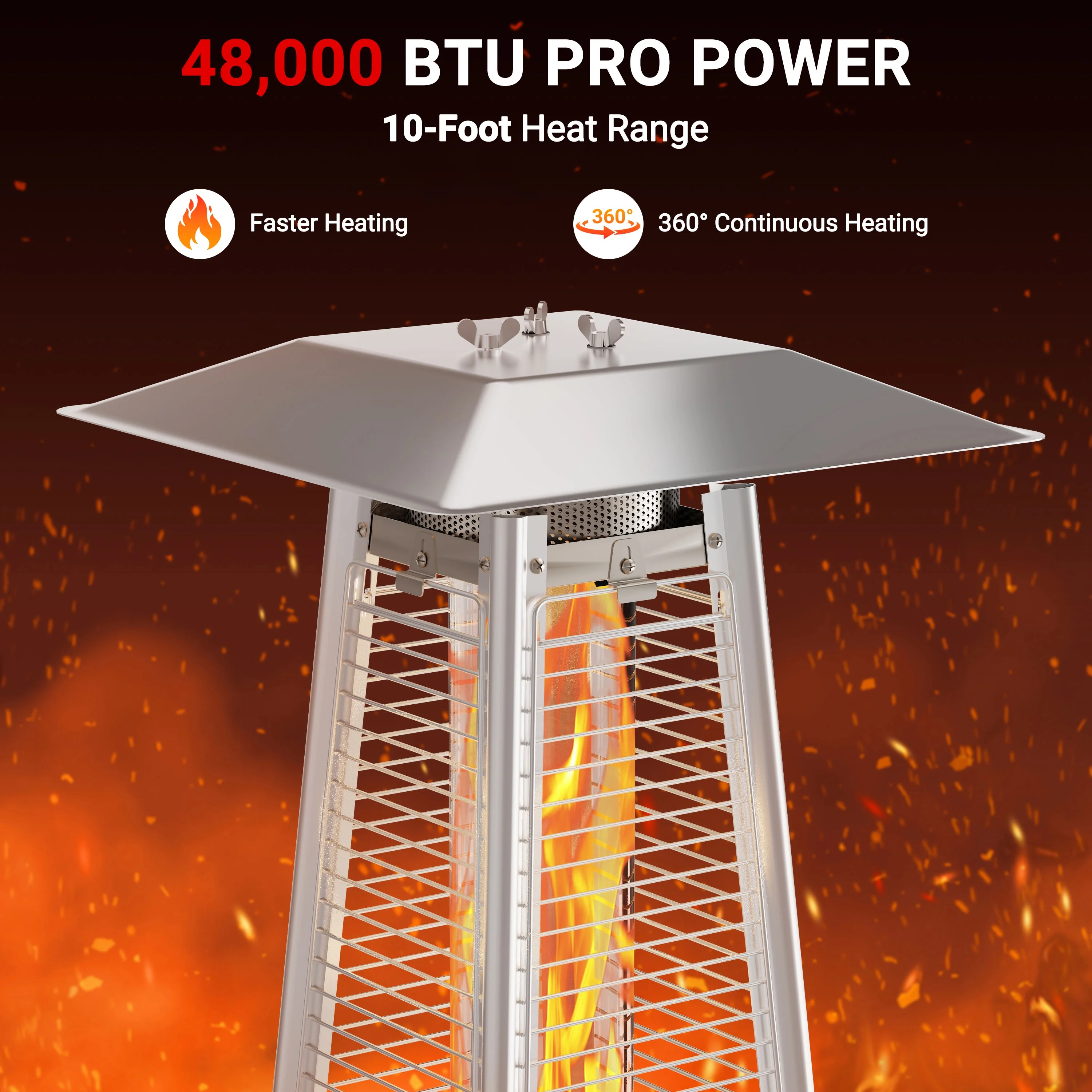 Segmart 48,000 BTU Pyramid Patio Heater, Tall Standing Outdoor Propane Heater with Wheels & Tip-Over Safety Protection, Visible Flame Glass Tube for Backyard, Garden, Commercial Use - Gray - Image 4