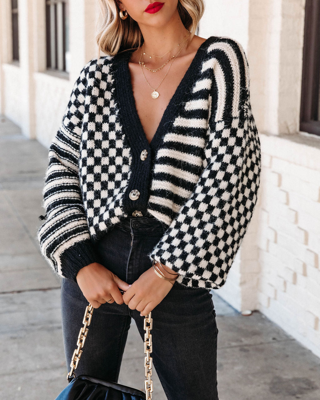 Rumor Has It Checkered Striped Knit Cardigan - Se7enfashion