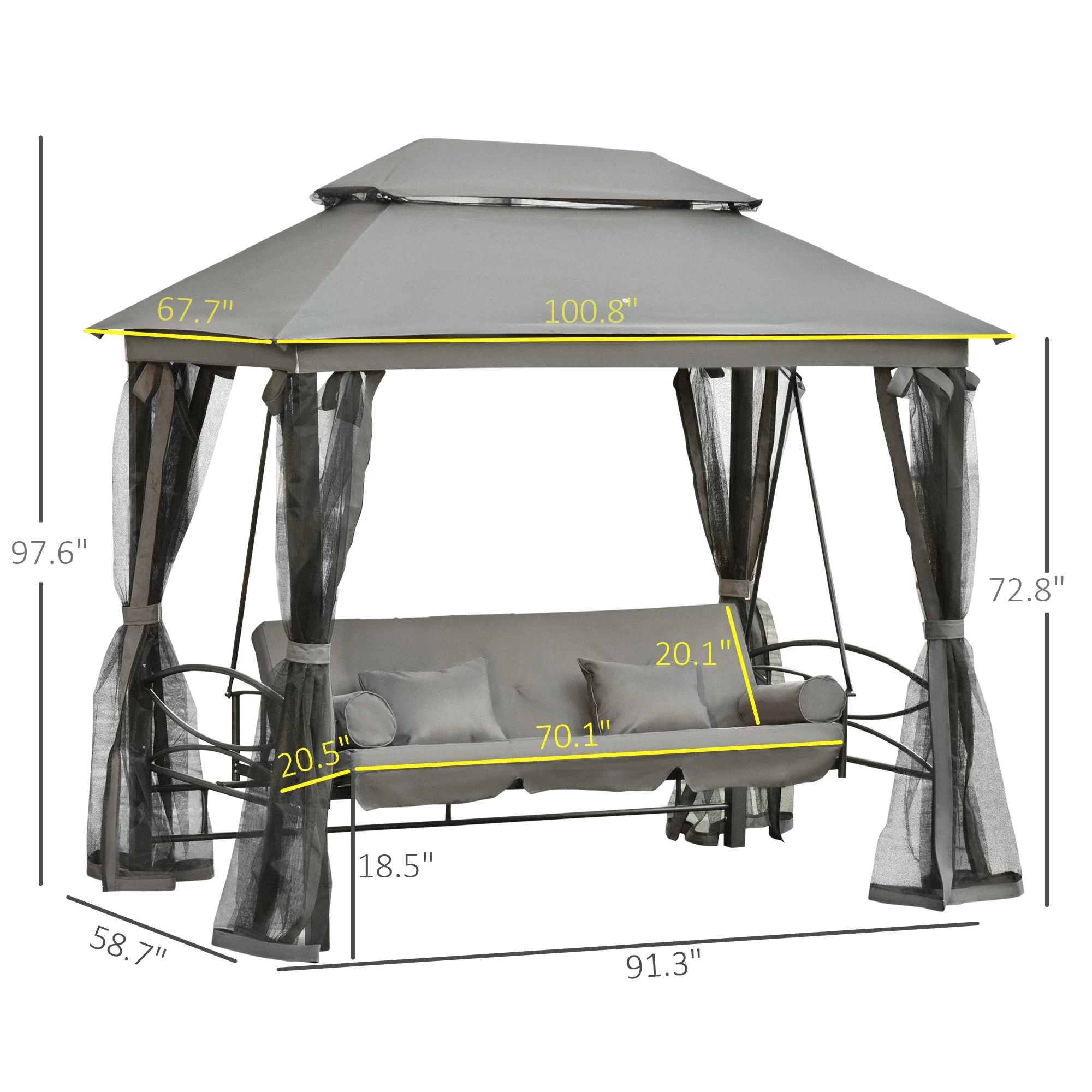 Outsunny 3 Person Patio Swing Chair, Gazebo Swing with Double Tier Canopy, Cushioned Seat, Mesh Sidewalls, gray - Image 8