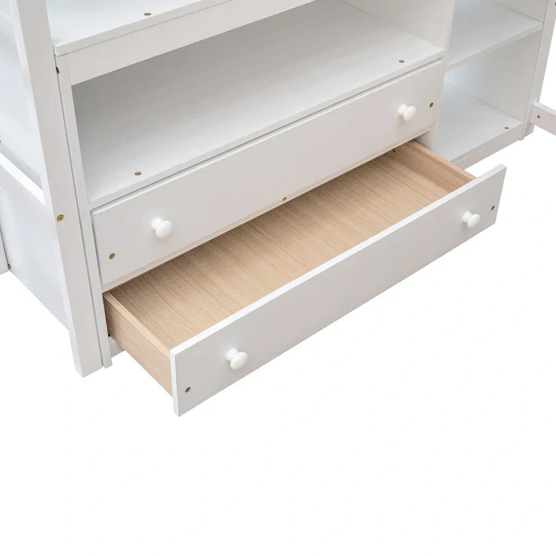 Gray Full-Size Loft Bed with Desk, Shelves, and Two Built-In Drawers