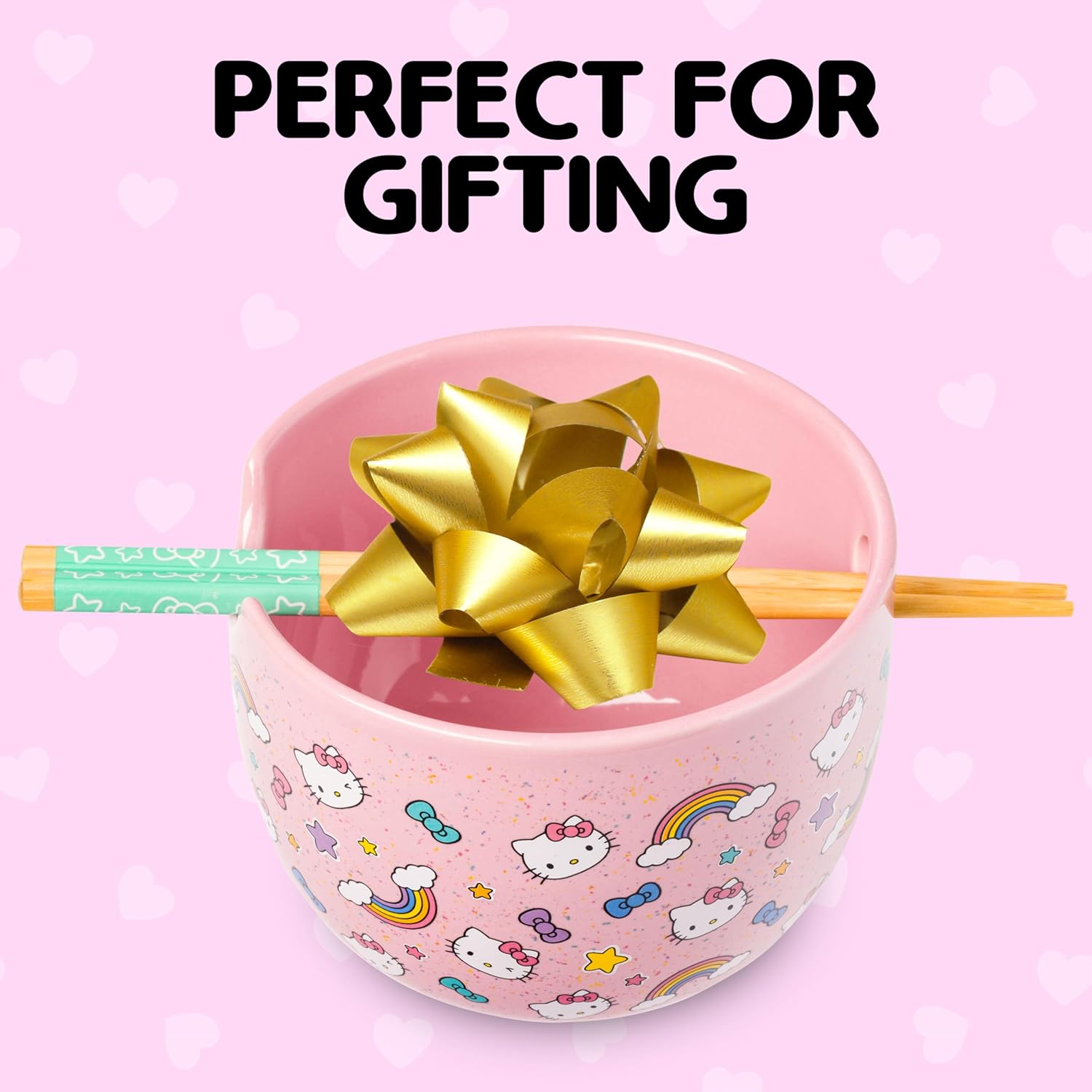 Silver Buffalo Sanrio Hello Kitty Bows Stars Rainbow Pattern Ceramic Ramen Noodle Rice Bowl with Chopsticks, Microwave Safe, 20 Ounces
