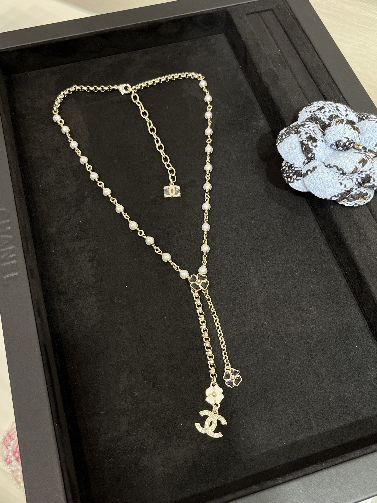 Chanel Black and White Camellia Tassel Drop Pearl Y Necklace - Original Replica Club