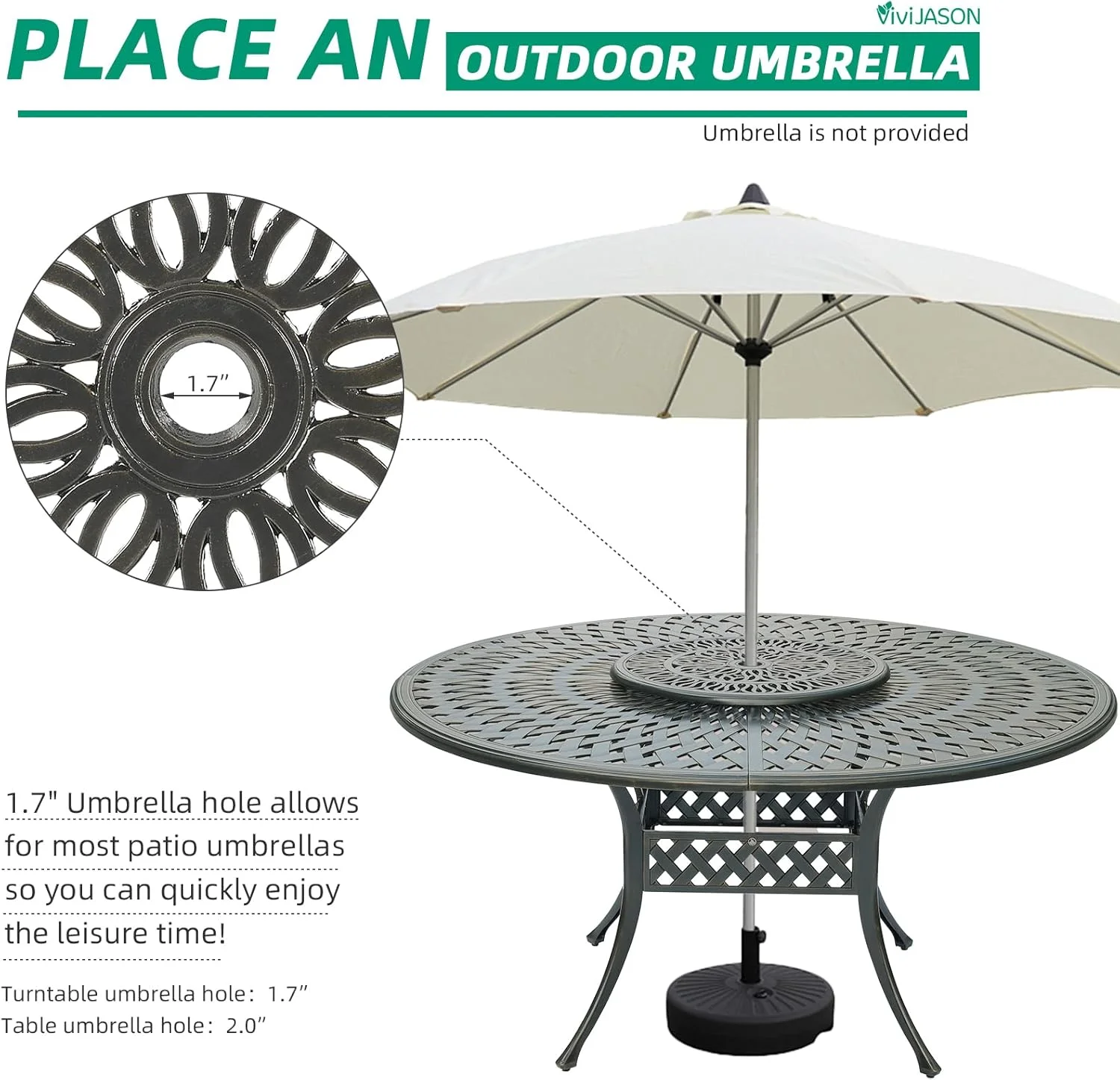 VIVIJASON Outdoor 61" Patio Dining Table for 6-8 Person, Large Patio Round Dining Table with 24" Lazy Susan, Dark Bronze Cast Aluminum Rustic Patio Table W/Umbrella Hole for Balcony, Porch and Deck - Image 8
